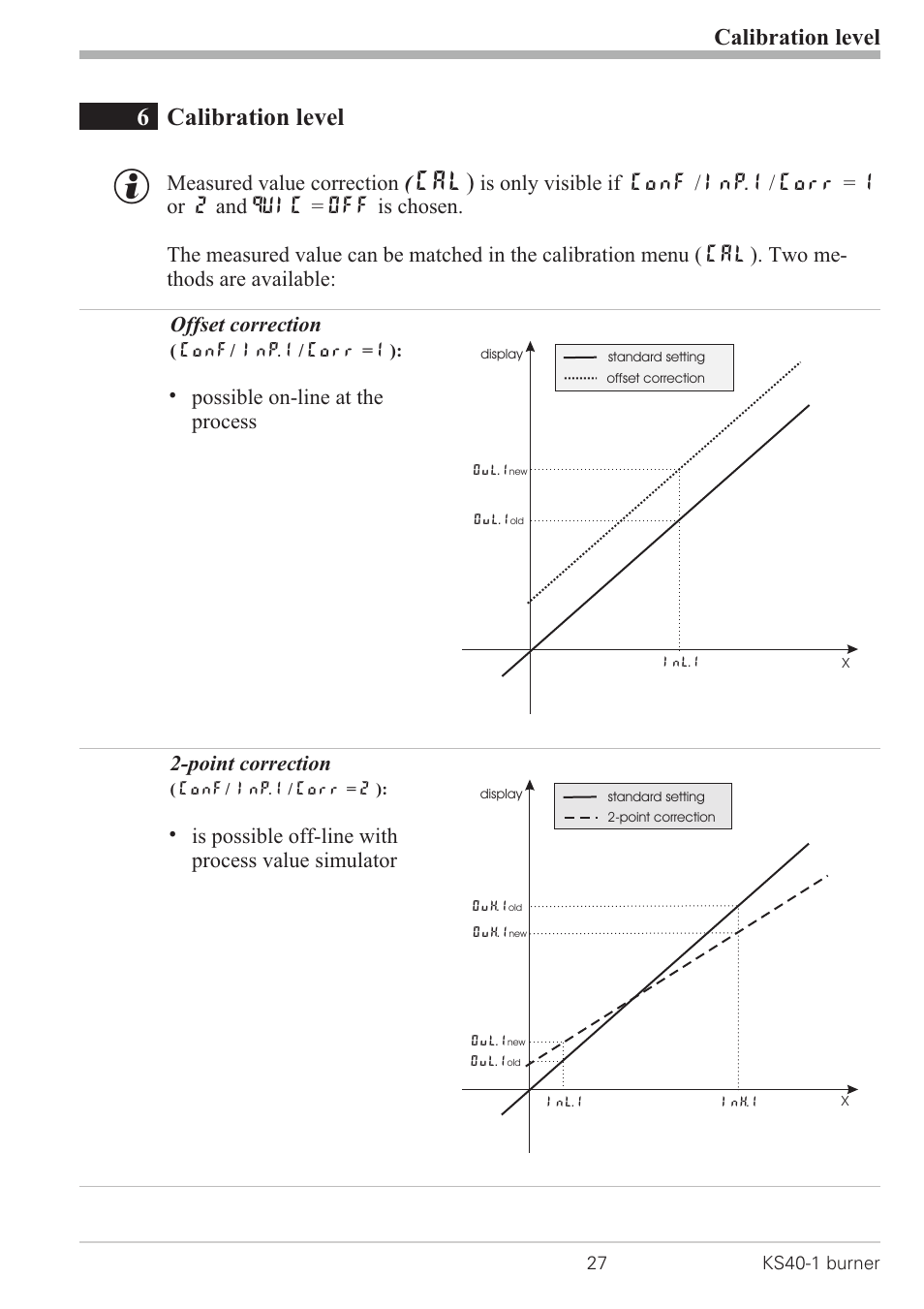 6 calibration level 27, Point correction 27, Calibration (cal) 27 | Calibration level (cal) 27 - 29, Offset correction 27, 6calibration level, Cal), Calibration level, Measured value correction | West Control Solutions KS 40-1 Burner User Manual | Page 27 / 40