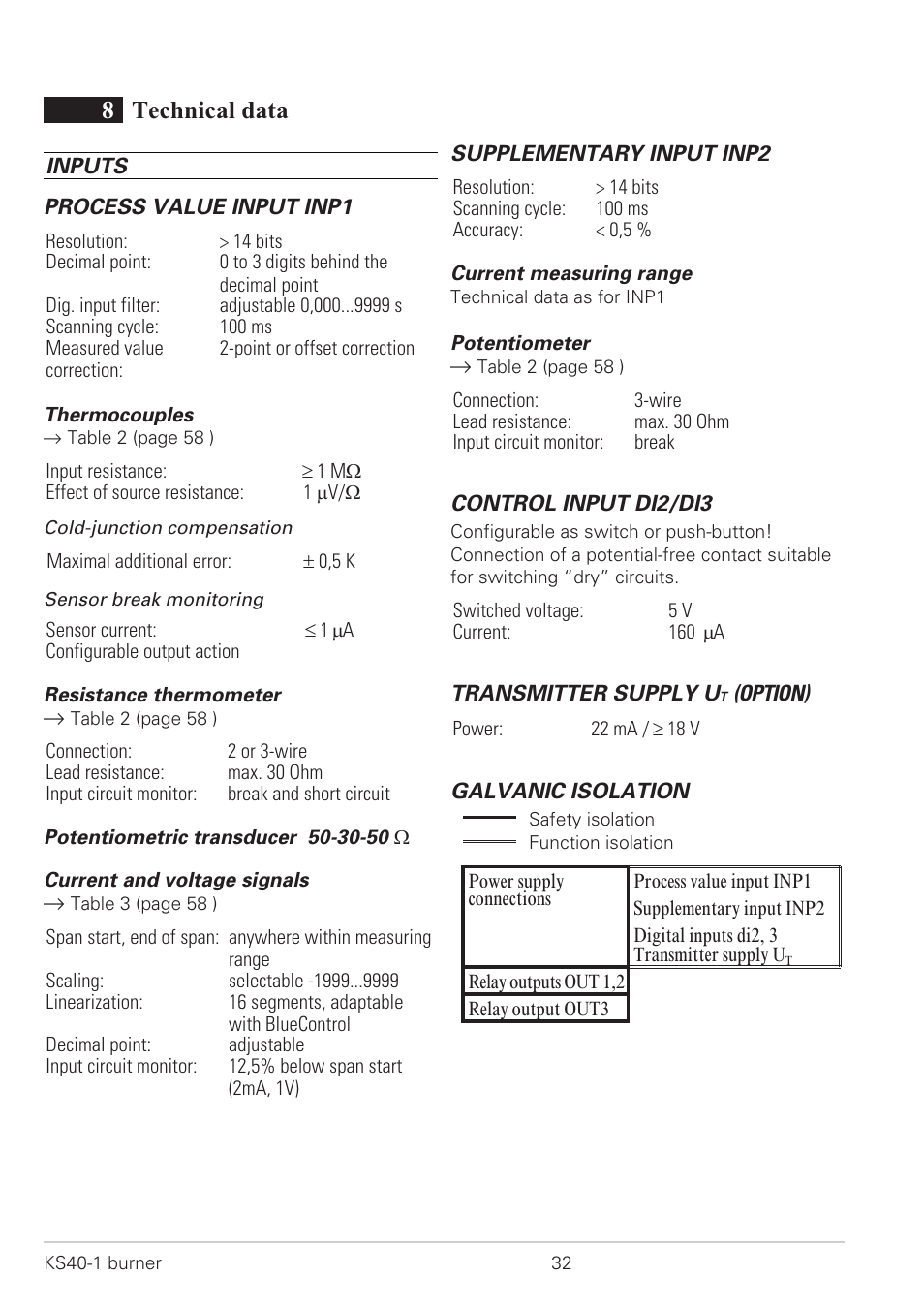 8 technical data 32, Technical data 32, Current signal measuring range 32 | Resistance thermometer measuring range 32, Thermocouple measuring range 32, Voltage signal measuring range 32, 8technical data | West Control Solutions KS 40-1 Burner User Manual | Page 32 / 40