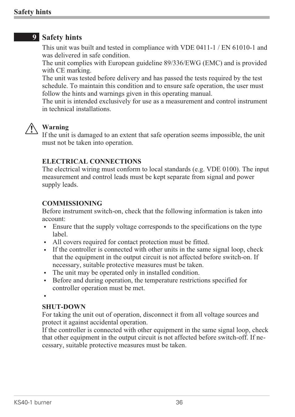 9 safety hints 36, Safety hints 36 - 38 | West Control Solutions KS 40-1 Burner User Manual | Page 36 / 40