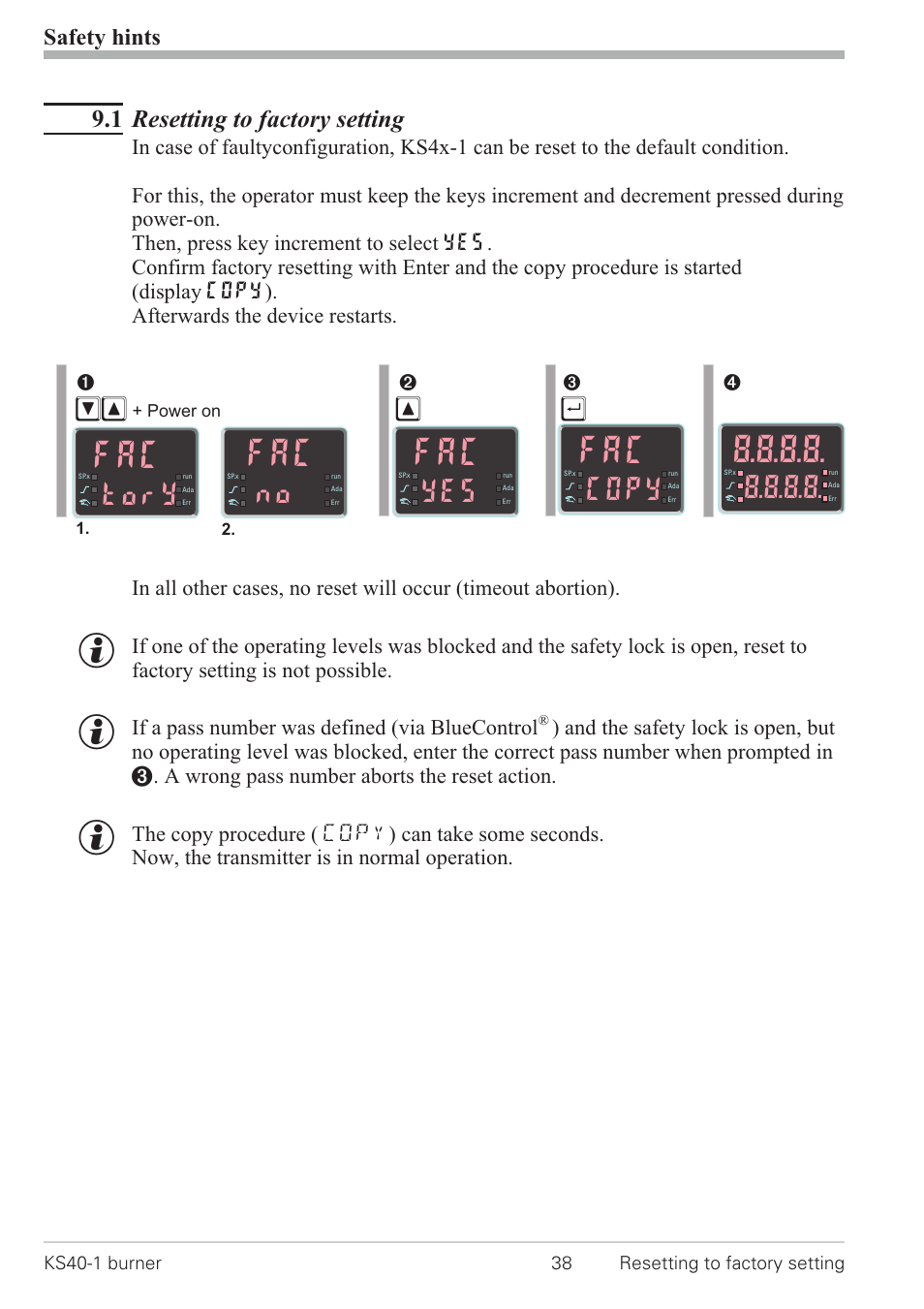 1 resetting to factory setting 38, Resetting to factory setting 38, Tory | Copy, 1 resetting to factory setting, Safety hints | West Control Solutions KS 40-1 Burner User Manual | Page 38 / 40