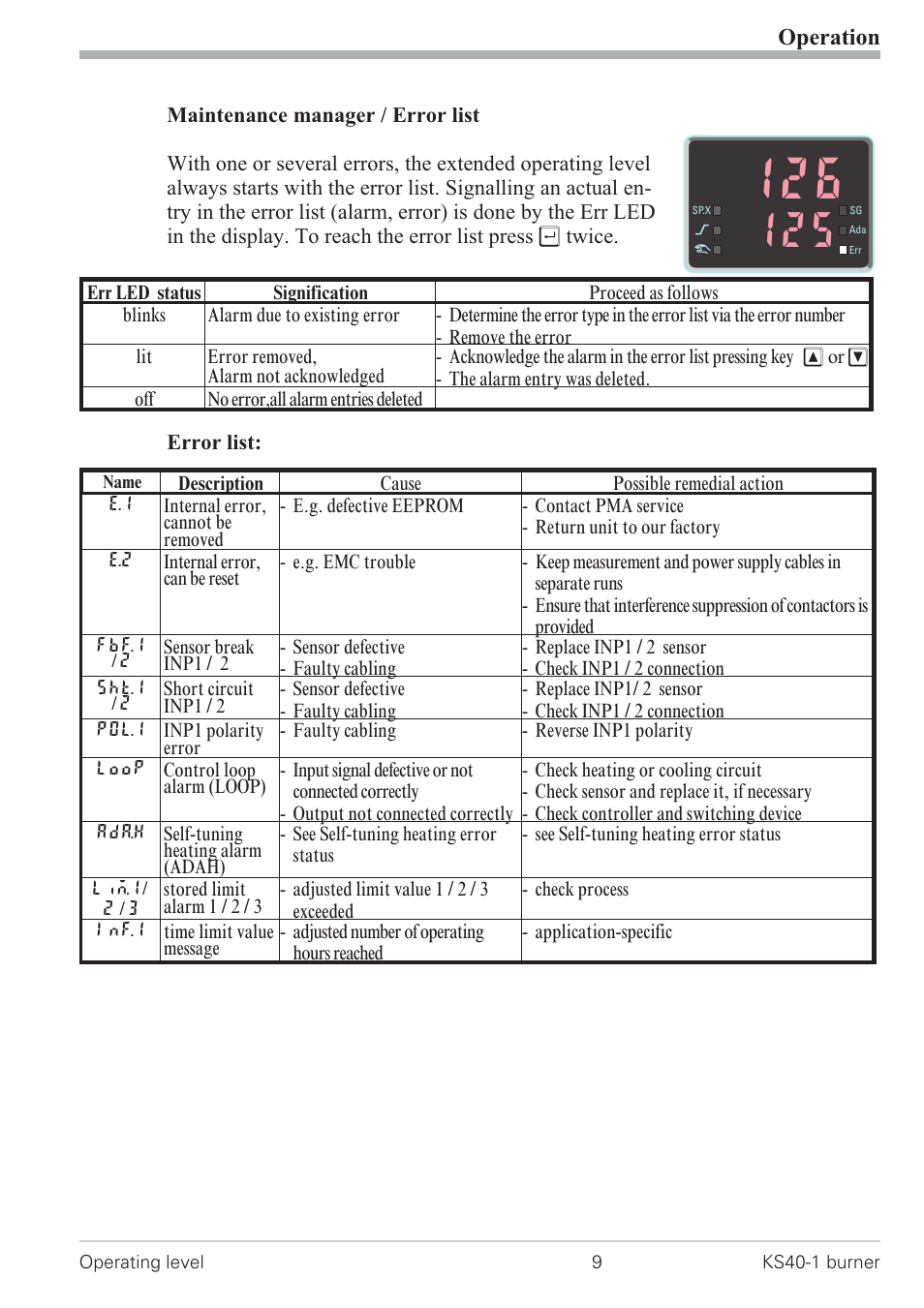 Error list 9, Maintenance manager 9, Operation | West Control Solutions KS 40-1 Burner User Manual | Page 9 / 40