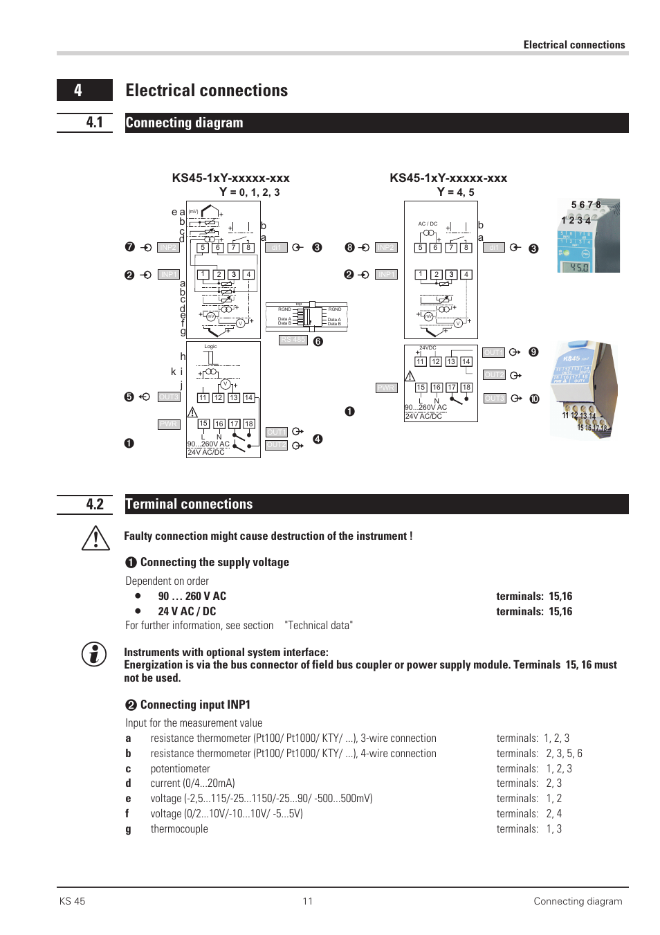 Electrical connections 11, 1 connecting diagram 11, 2 terminal connections 11 | Inp1 11, Connecting diagram 11, Terminal connections 11 - 12, 4 electrical connections, Connecting diagram, Terminal connections, 1 connecting the supply voltage | West Control Solutions KS 45 User Manual | Page 11 / 76