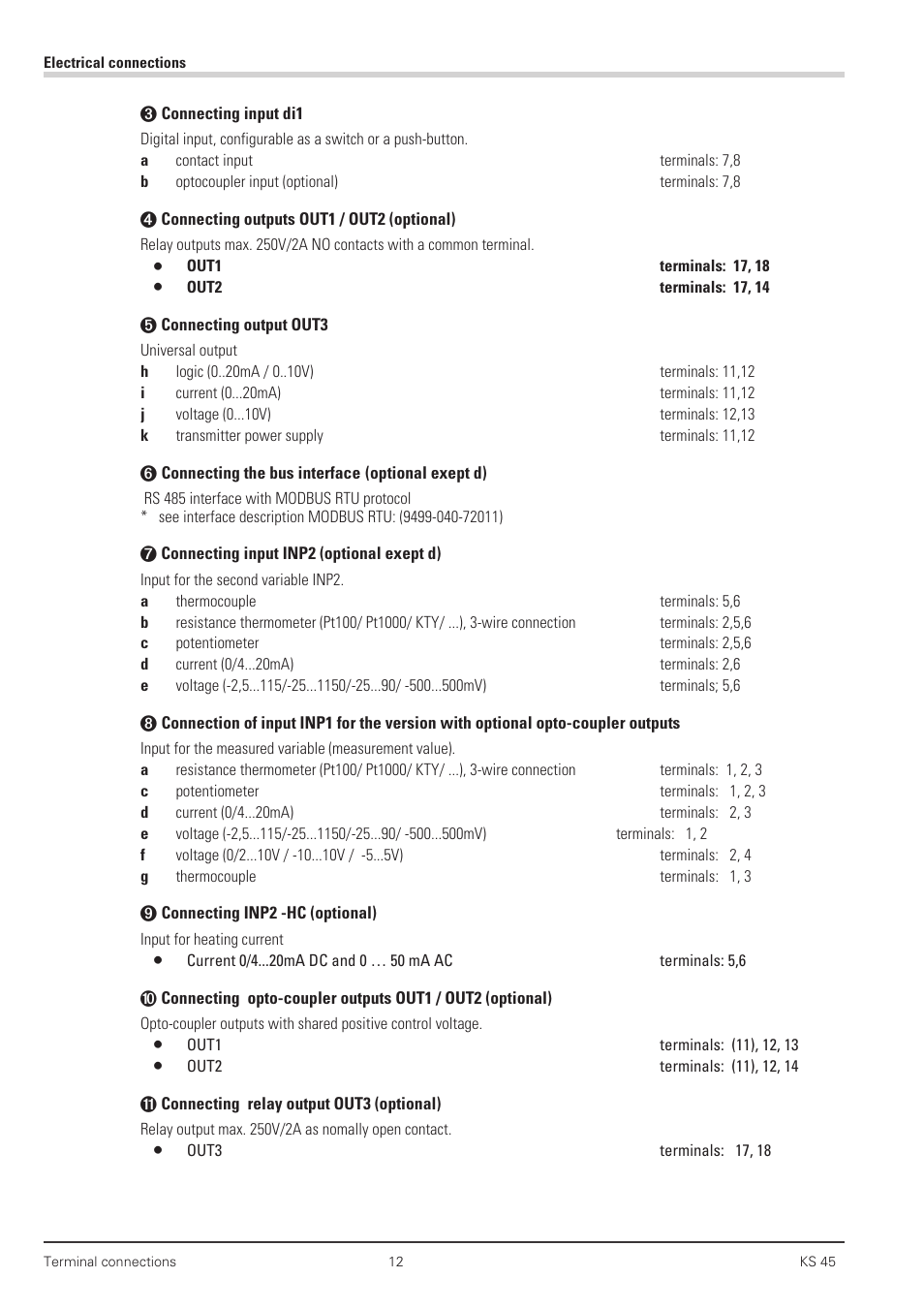 Bus interface 12, Di1 12, Inp2 12 | Out1, out2 12, Out3 12, Inp1 12 | West Control Solutions KS 45 User Manual | Page 12 / 76