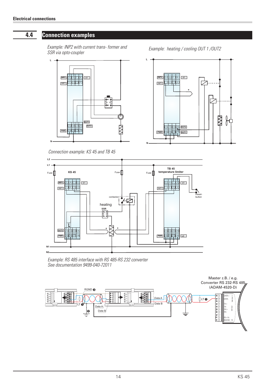 4 connection examples 14, Connection examples, Example: heating / cooling out 1 /out2 | Connection example: ks 45 and tb 45, Heating | West Control Solutions KS 45 User Manual | Page 14 / 76