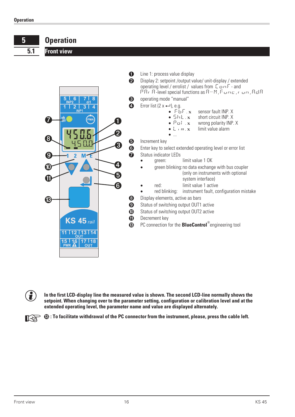 Operation 16, 1 front view 16, Front view 16, 35 - 46 | Operation 16 - 34, 5 operation | West Control Solutions KS 45 User Manual | Page 16 / 76