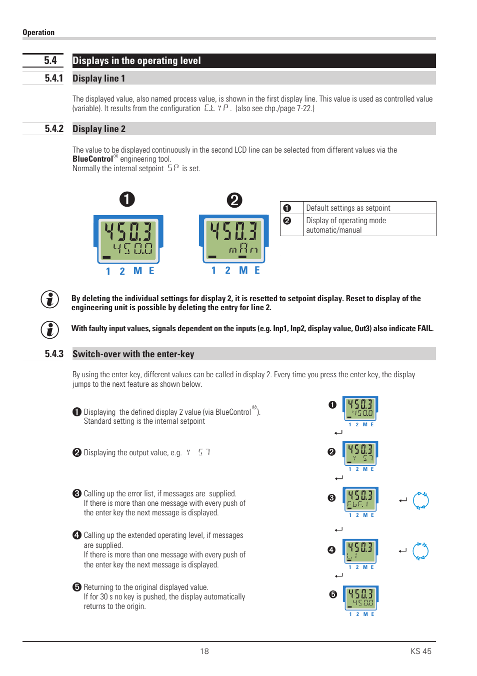 4 displays in the operating level 18, 1 display line 1 18, 2 display line 2 18 | 3 switch-over with the enter-key 18, Operating level 18, 0 дььь, Man д дььь | West Control Solutions KS 45 User Manual | Page 18 / 76