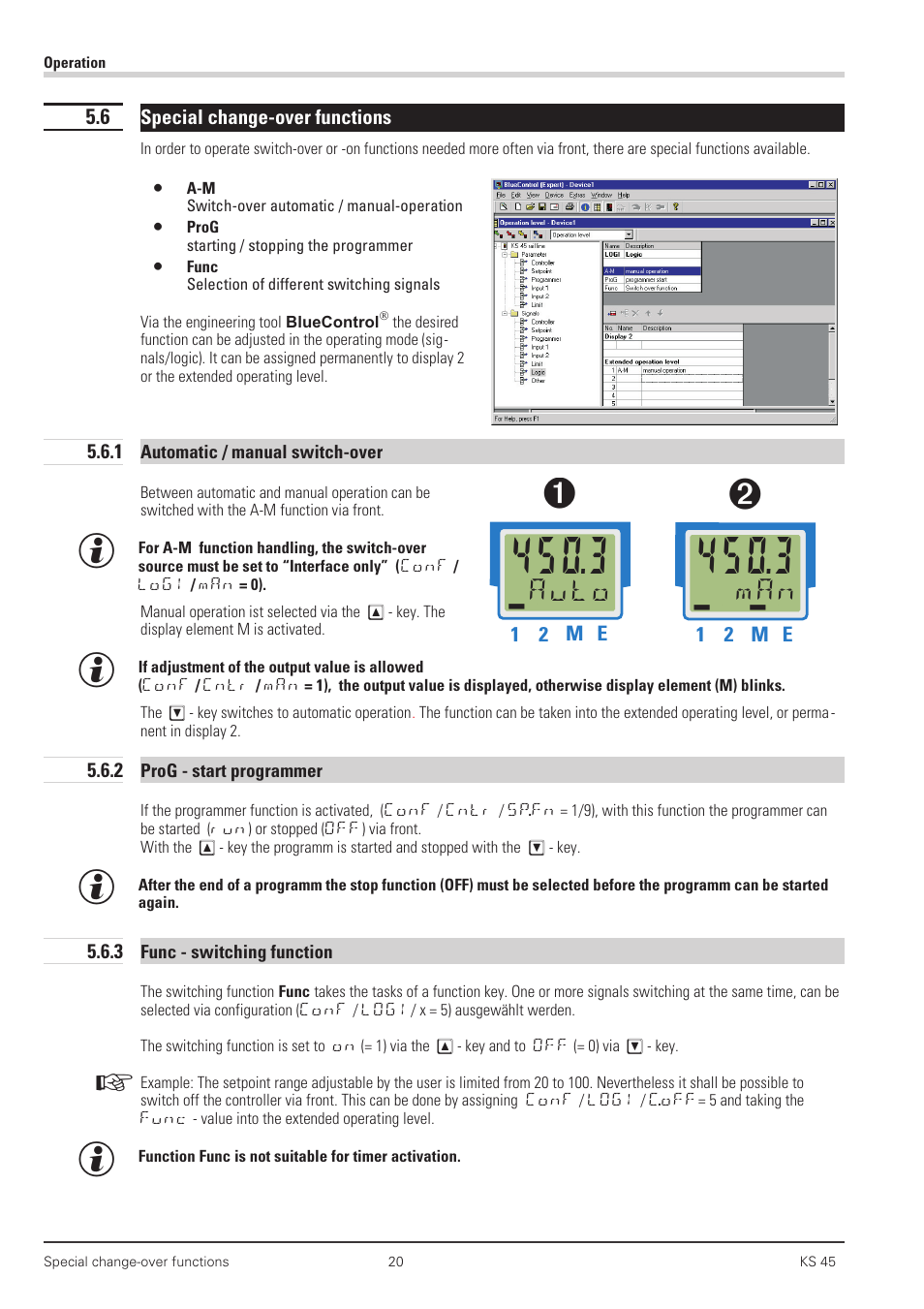 6 special change-over functions 20, 1 automatic / manual switch-over 20, 2 prog - start programmer 20 | 3 func - switching function 20, Auto дььь, Man дьдьь | West Control Solutions KS 45 User Manual | Page 20 / 76