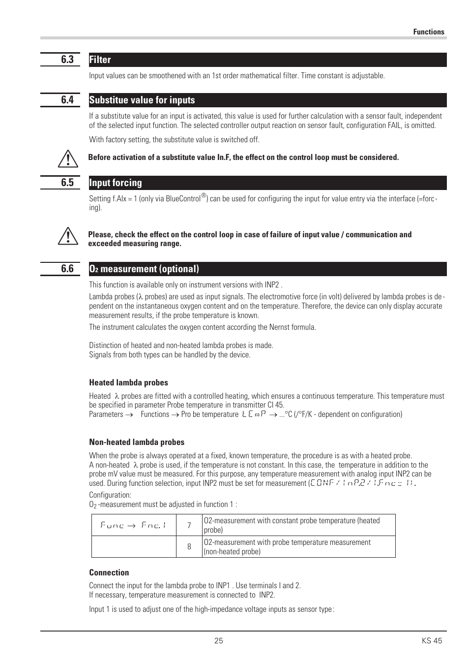3 filter 25, 4 substitue value for inputs 25, 5 input forcing 25 | 6 o2 measurement (optional) 25, Filter 25, Forcing of the inputs 25, O2-measurement 25 - 26 | West Control Solutions KS 45 User Manual | Page 25 / 76