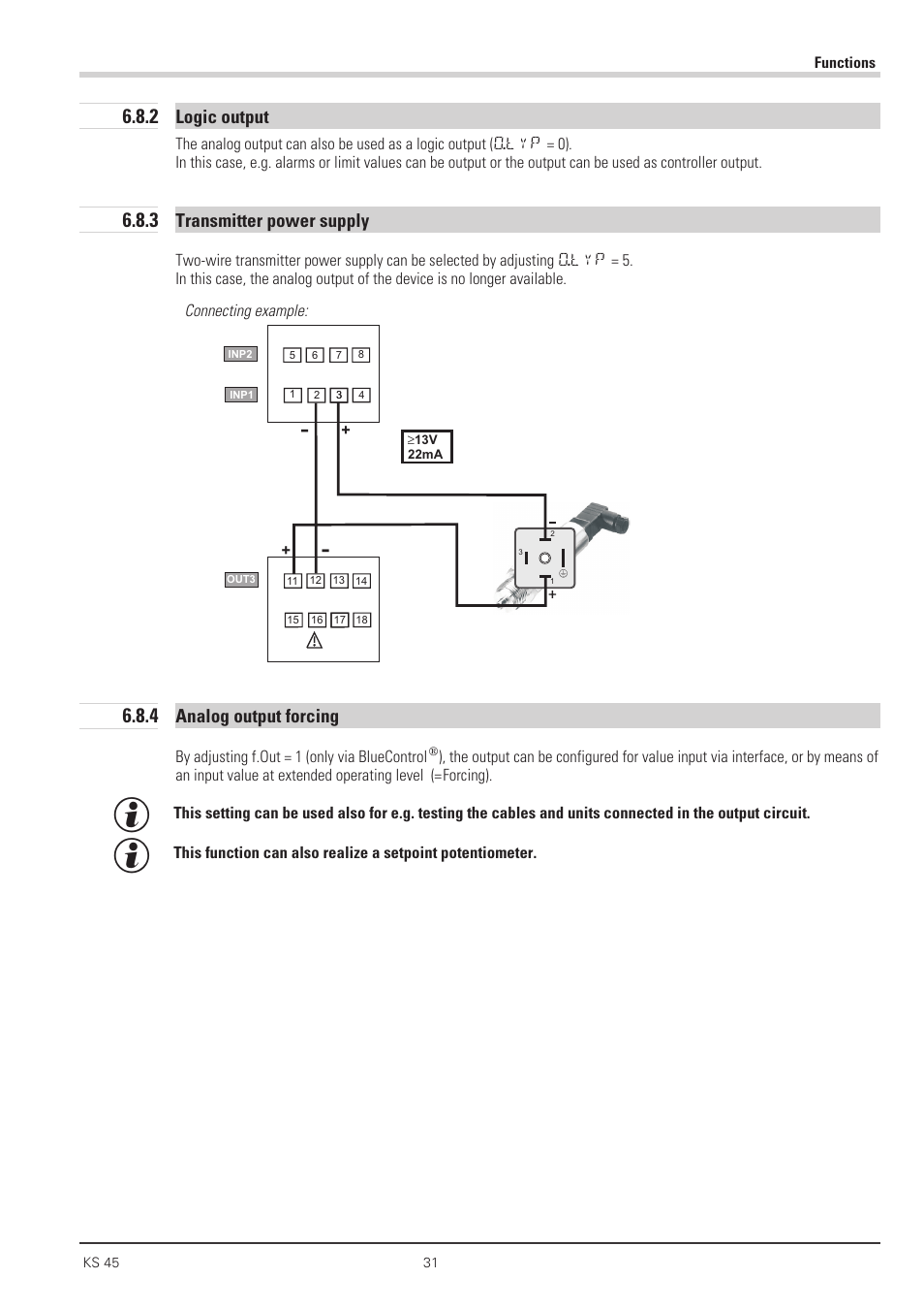2 logic output 31, 3 transmitter power supply 31, 4 analog output forcing 31 | Forcing 31, Logic - output 31, Transmitter power supply 31, Logic output, Transmitter power supply, Analog output forcing | West Control Solutions KS 45 User Manual | Page 31 / 76