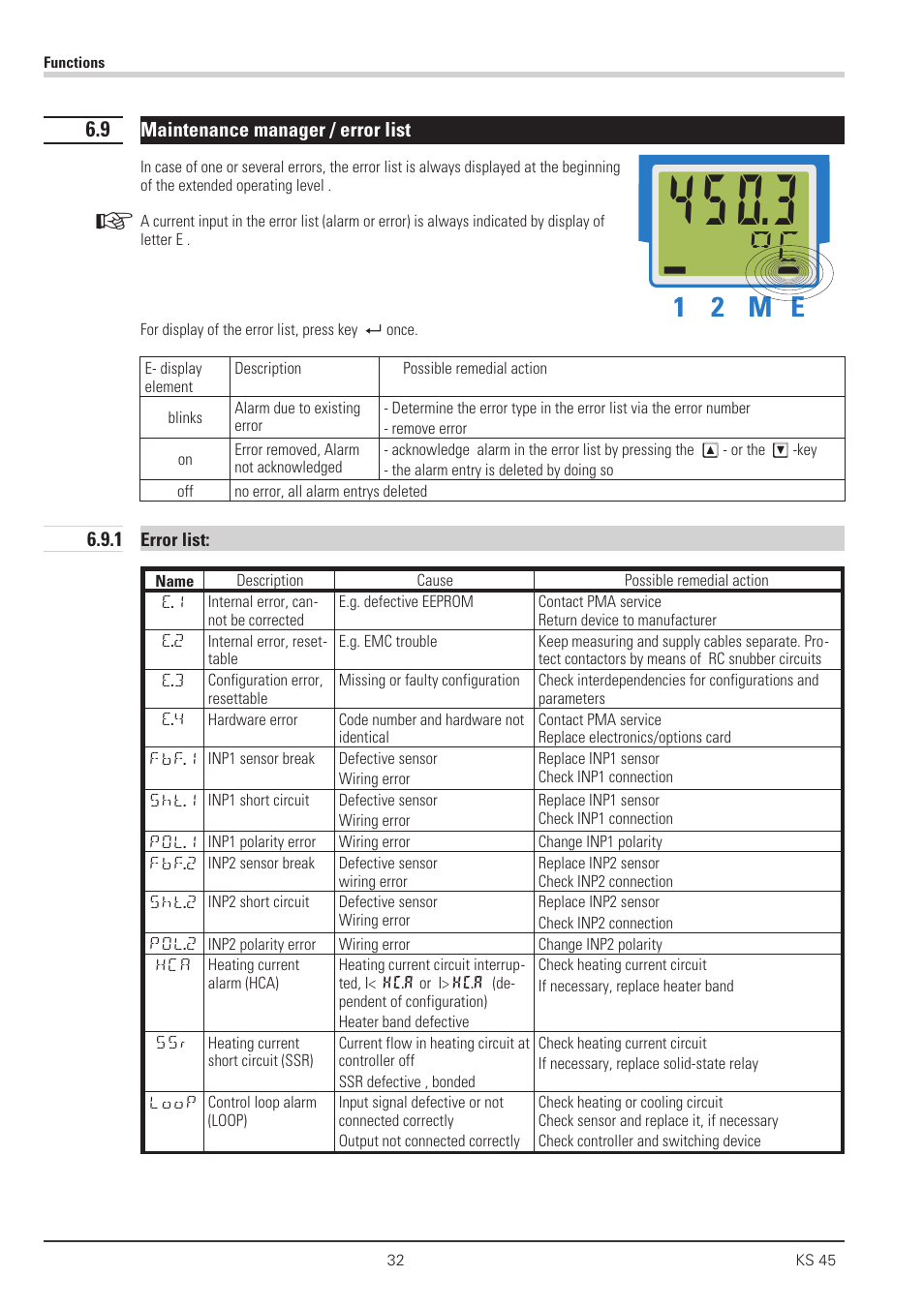 9 maintenance manager / error list 32, 1 error list: 32, Maintenance manager 32 - 33 | Ыc дььд, 1 2 m e | West Control Solutions KS 45 User Manual | Page 32 / 76