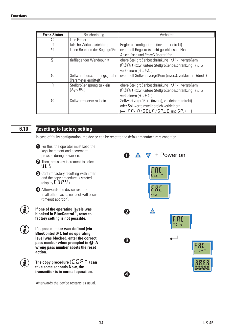 10 resetting to factory setting 34, Power on | West Control Solutions KS 45 User Manual | Page 34 / 76