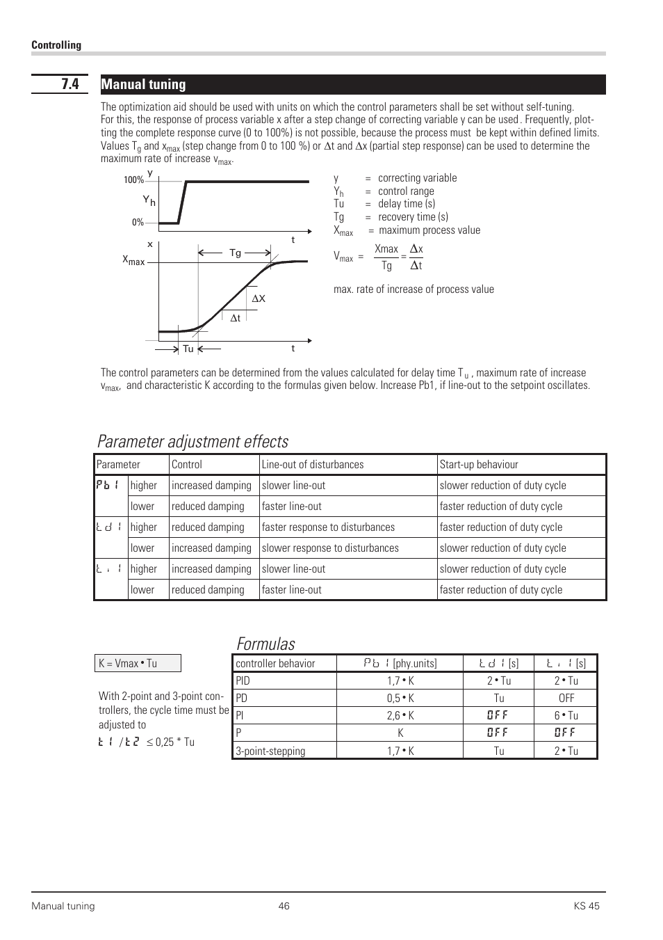 4 manual tuning 46, Manual tuning 46, Parameter adjustment effects | Formulas, Manual tuning | West Control Solutions KS 45 User Manual | Page 46 / 76
