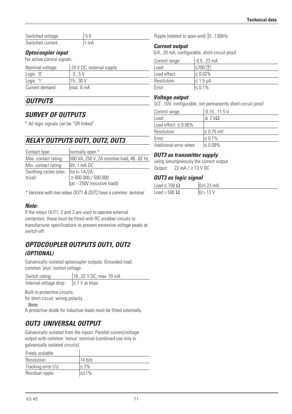 Outputs survey of outputs, Relay outputs out1, out2, out3, Optocoupler outputs out1, out2 | Out3 universal output | West Control Solutions KS 45 User Manual | Page 71 / 76