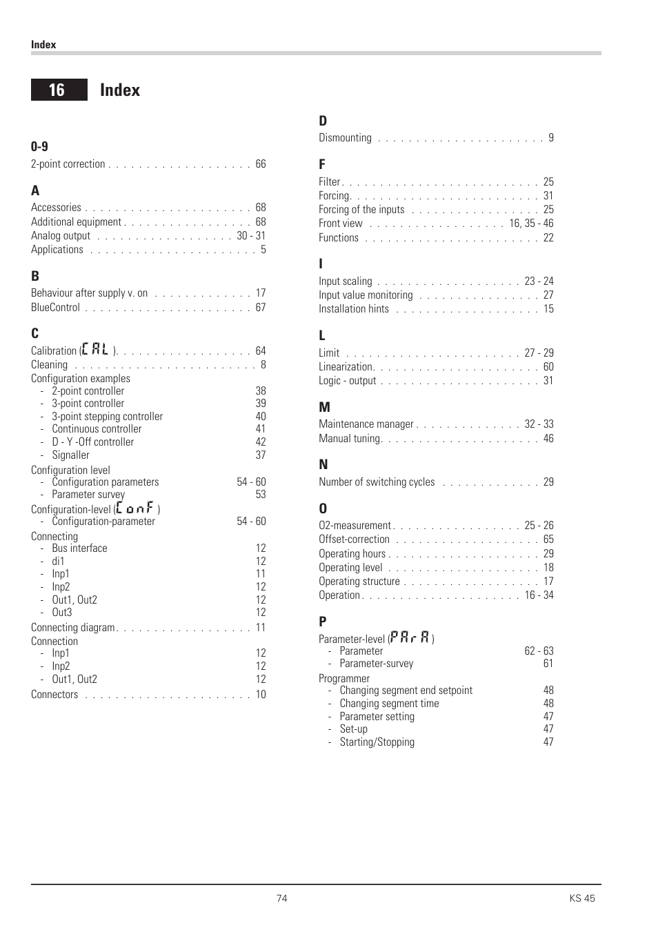 Index 74, 16 index, Conf | Para | West Control Solutions KS 45 User Manual | Page 74 / 76