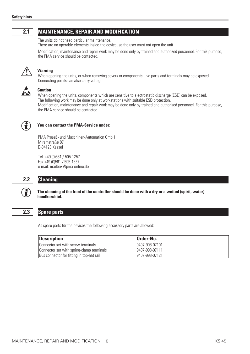 1 maintenance, repair and modification 8, 2 cleaning 8, 3 spare parts 8 | Cleaning 8, Spare parts 8 | West Control Solutions KS 45 User Manual | Page 8 / 76