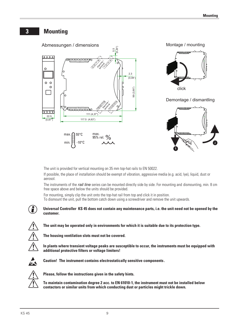 Mounting 9, Dismounting 9, 3 mounting | Abmessungen / dimensions | West Control Solutions KS 45 User Manual | Page 9 / 76