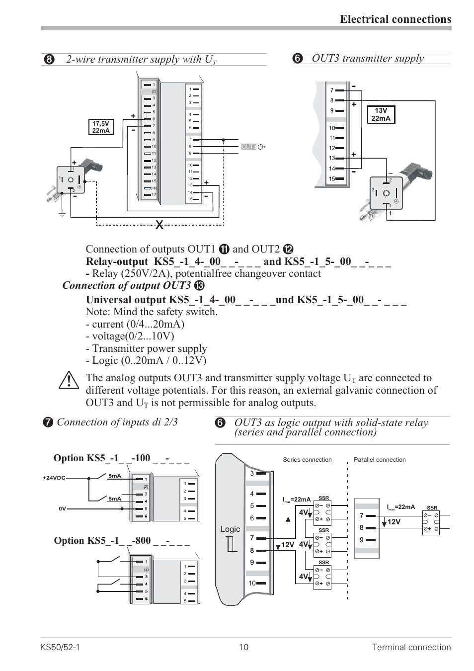 Di2/3, 2-wire transmitter supply 10, Out3 as logic output 10, Out3 transmitter supply 10 | Electrical connections, Is not permissible for analog outputs, 6 out3 transmitter supply, 8 2-wire transmitter supply with u, 7 connection of inputs di 2/3, Option ks5, Logic | West Control Solutions KS 50-1 User Manual | Page 10 / 72