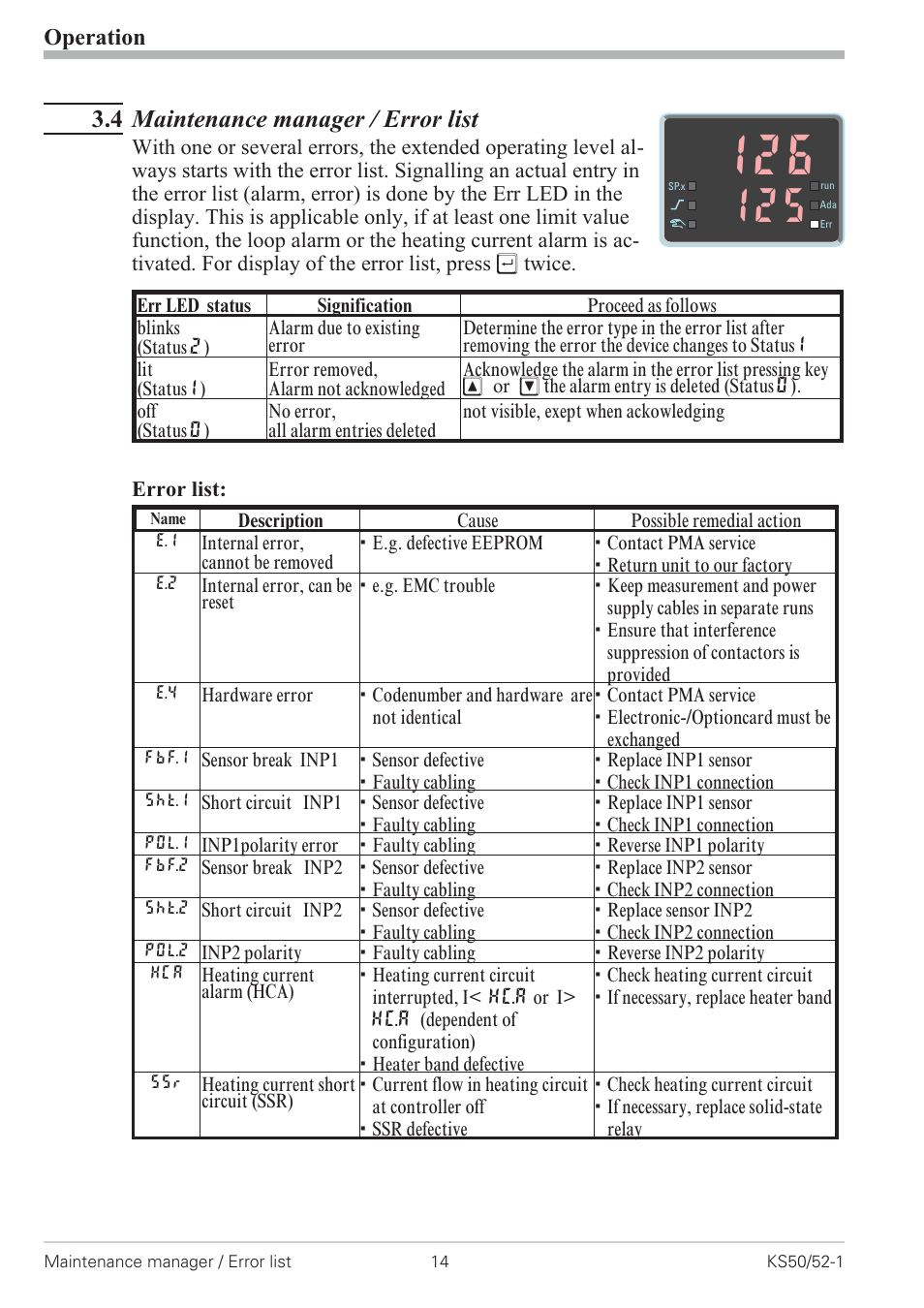 4 maintenance manager / error list 14, Error list 14, Maintenance manager 14 - 15 | 4 maintenance manager / error list, Operation | West Control Solutions KS 50-1 User Manual | Page 14 / 72