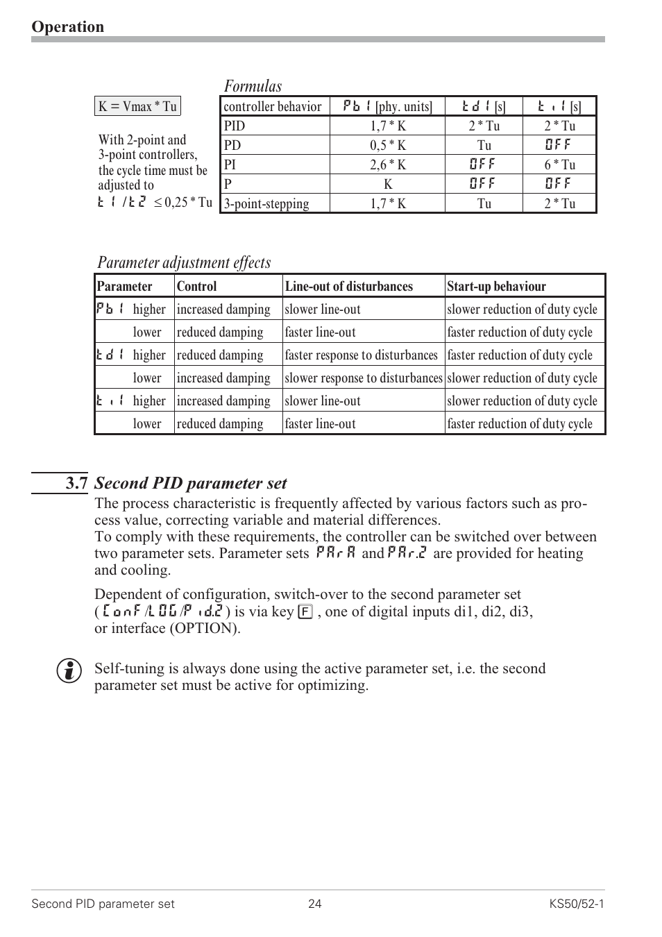 7 second pid parameter set 24, Formulas, Parameter adjustment effects | 7 second pid parameter set | West Control Solutions KS 50-1 User Manual | Page 24 / 72