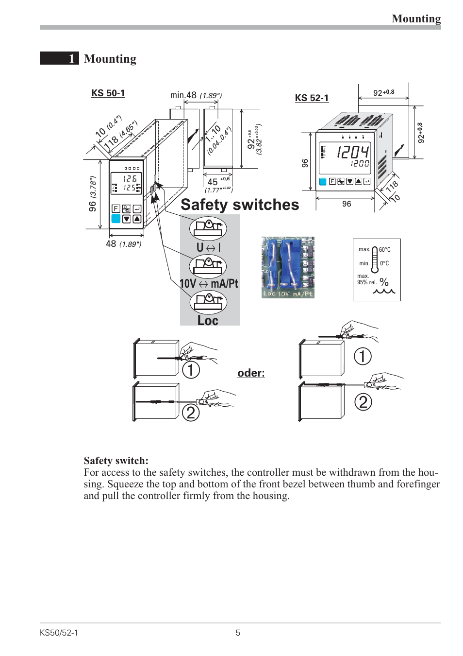 1 mounting 5, Mounting 5 - 6, Safety switch 5 | Safety switches, 1mounting, 10v i ma/pt u i i, Mounting, Oder | West Control Solutions KS 50-1 User Manual | Page 5 / 72