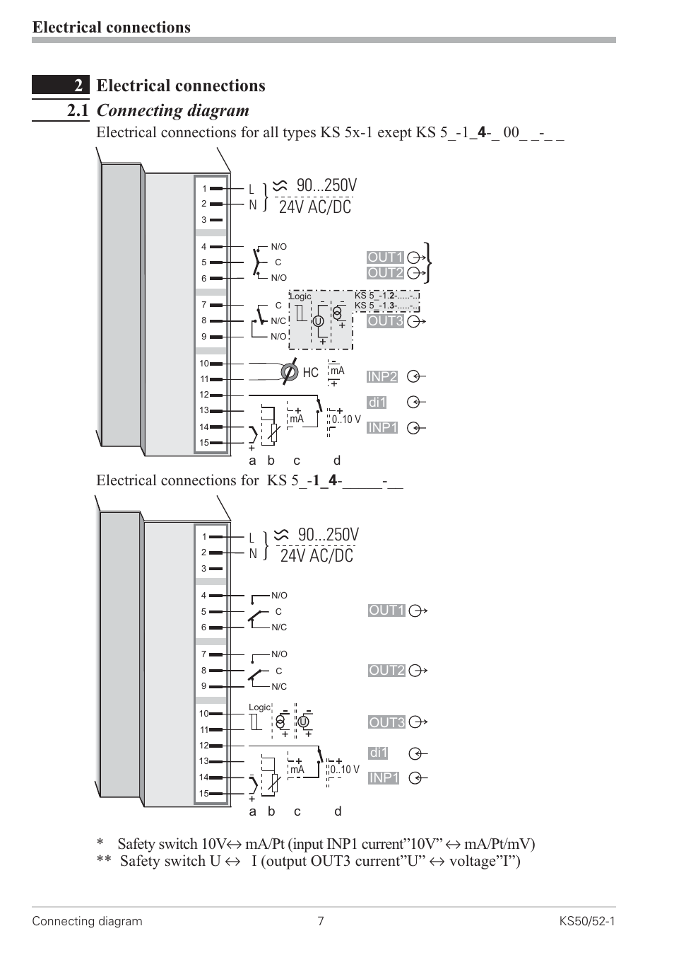 2 electrical connections 7, 1 connecting diagram 7, Connecting diagram 7 | 2electrical connections 2.1 connecting diagram, 90 v 24v ac/dc, Electrical connections, A b c d | West Control Solutions KS 50-1 User Manual | Page 7 / 72