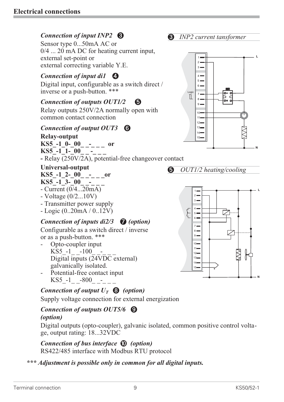 Inp2 current transformer 9, Out1/2 heating/cooling 9, Electrical connections | 3 inp2 current tansformer, 5 out1/2 heating/cooling | West Control Solutions KS 50-1 User Manual | Page 9 / 72