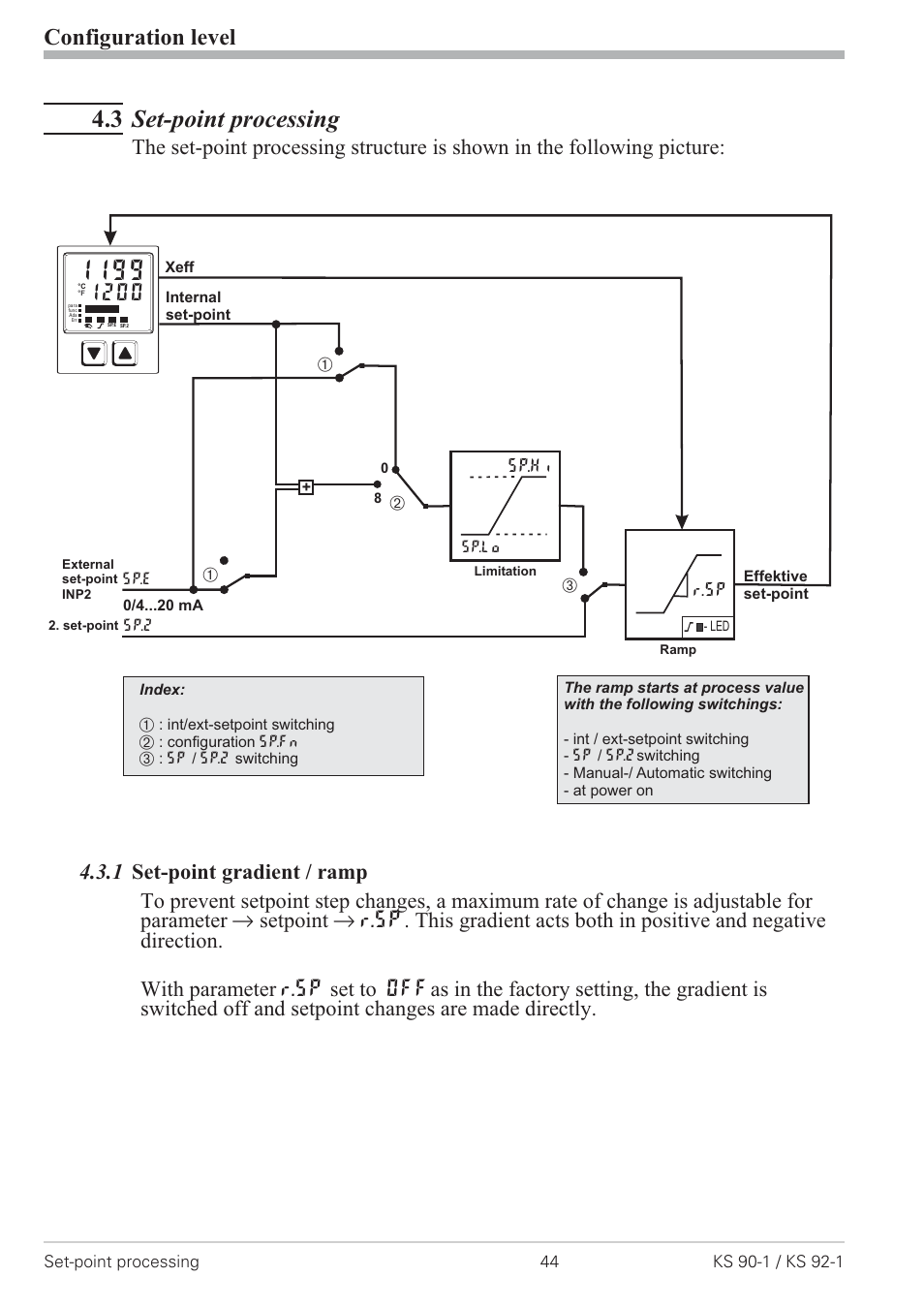 3 set-point processing 44, 1 set-point gradient / ramp 44, Ramp 44 | Set-point gradient 44, Set-point processing 44, 3 set-point processing, Configuration level | West Control Solutions KS 92-1 User Manual | Page 44 / 84