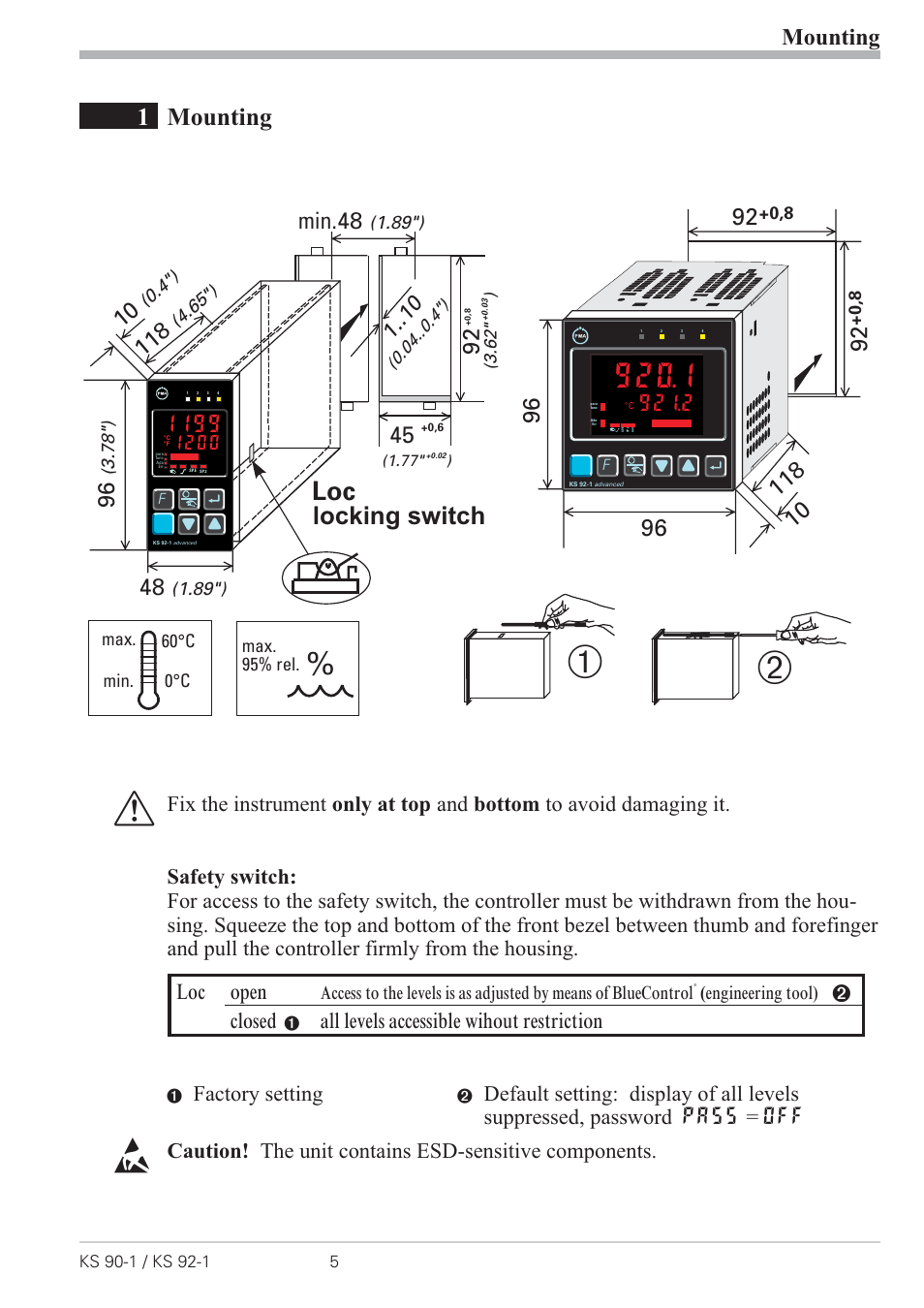 1 mounting 5, Mounting 5, Safety switch 5 | 1mounting, Locking switch, Mounting, Min.48, Factory setting, Loc open, Closed | West Control Solutions KS 92-1 User Manual | Page 5 / 84