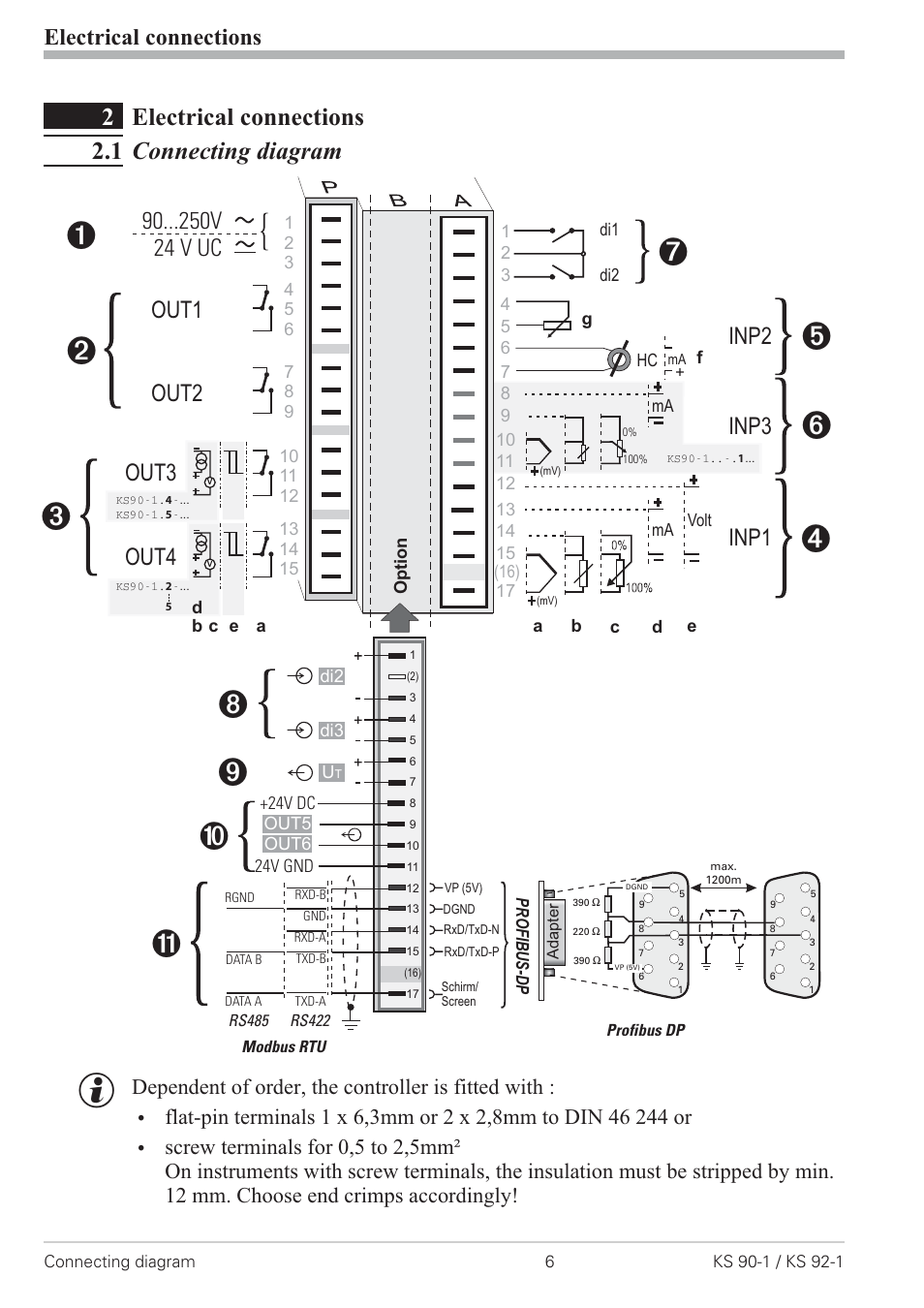 2 electrical connections 6, 1 connecting diagram 6, Connecting diagram 6 | 2electrical connections 2.1 connecting diagram, Electrical connections, Inp2 inp3 inp1 | West Control Solutions KS 92-1 User Manual | Page 6 / 84