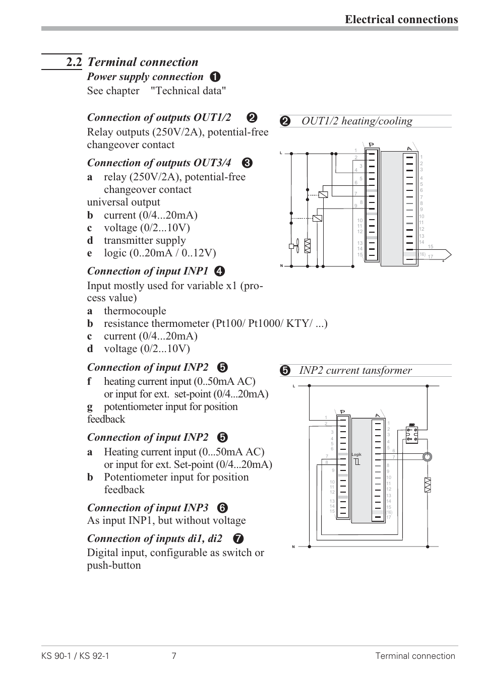 2 terminal connection 7, Inp2 current transformer 7, Out1/2 heating/cooling 7 | 2 terminal connection, Electrical connections, 2 out1/2 heating/cooling, 5 inp2 current tansformer | West Control Solutions KS 92-1 User Manual | Page 7 / 84