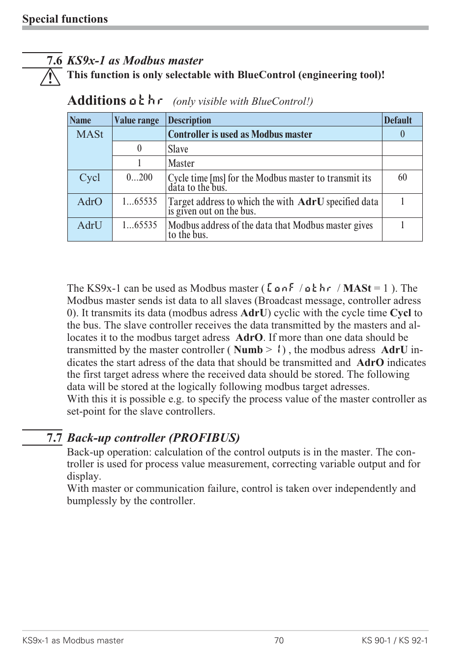 6 ks9x-1 as modbus master 70, 7 back-up controller (profibus) 70, Modbus master 70 | Additions othr | West Control Solutions KS 92-1 User Manual | Page 70 / 84