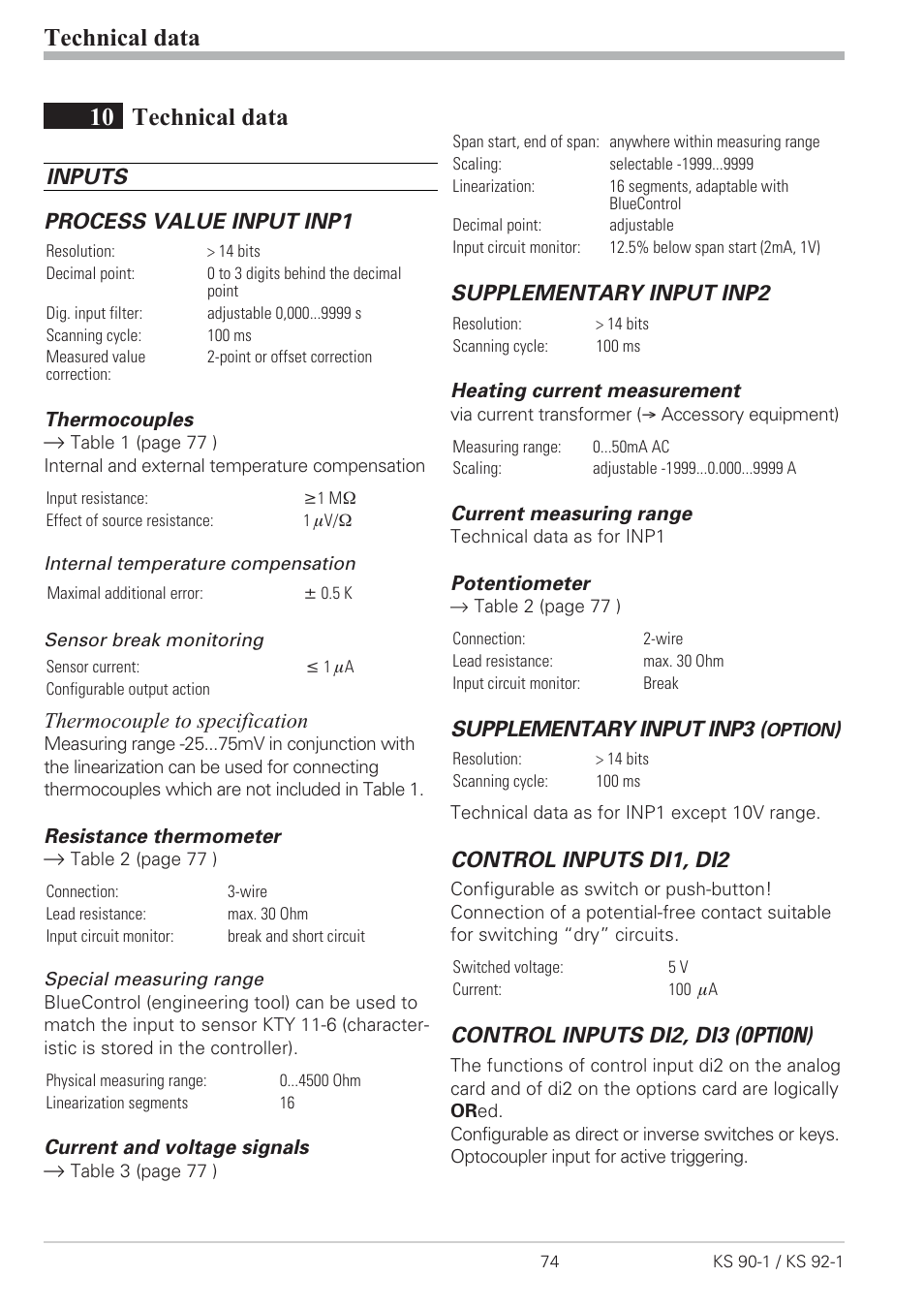 10 technical data 74, Technical data 74, Current signal measuring range 74 | Resistance thermometer measuring range 74, Thermocouple measuring range 74, Voltage signal measuring range 74, 10 technical data, Technical data, Inputs process value input inp1, Thermocouple to specification | West Control Solutions KS 92-1 User Manual | Page 74 / 84