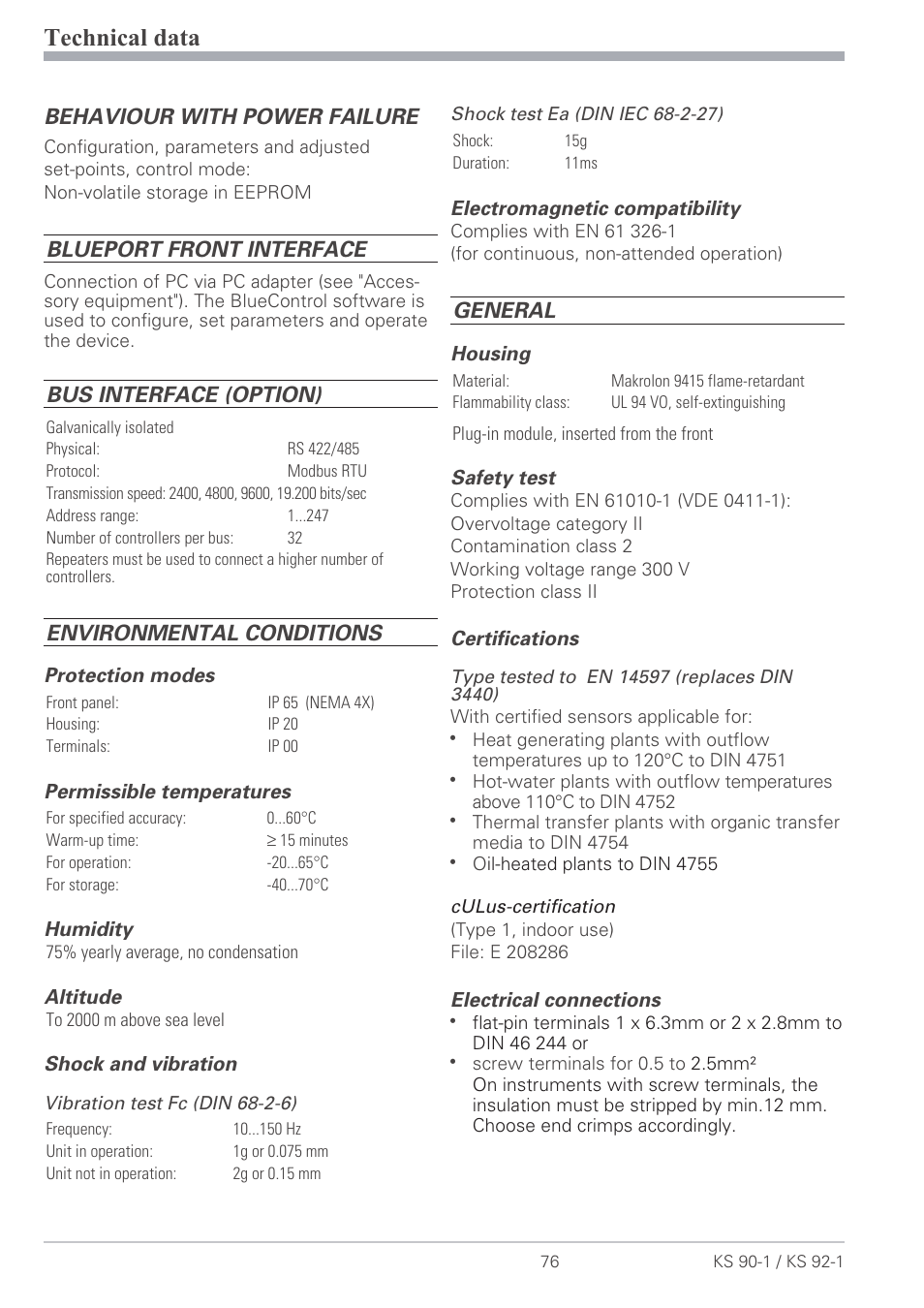 Technical data 76, Certifications 76, Environmental conditions 76 | Safety test 76, Technical data, Behaviour with power failure, Blueport front interface, Bus interface (option), Environmental conditions, General | West Control Solutions KS 92-1 User Manual | Page 76 / 84