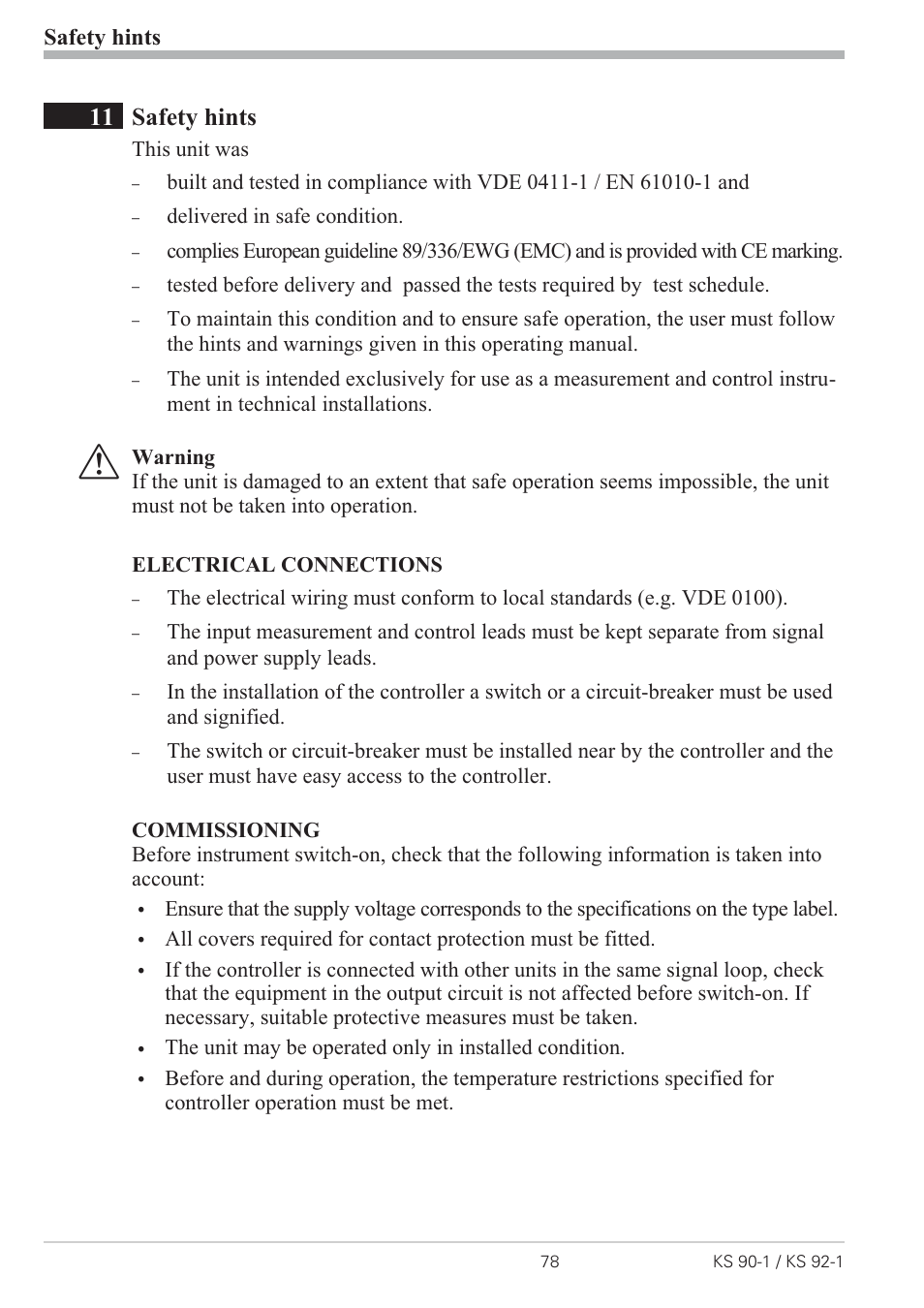 11 safety hints 78, Safety hints 78 - 81, 11 safety hints | West Control Solutions KS 92-1 User Manual | Page 78 / 84