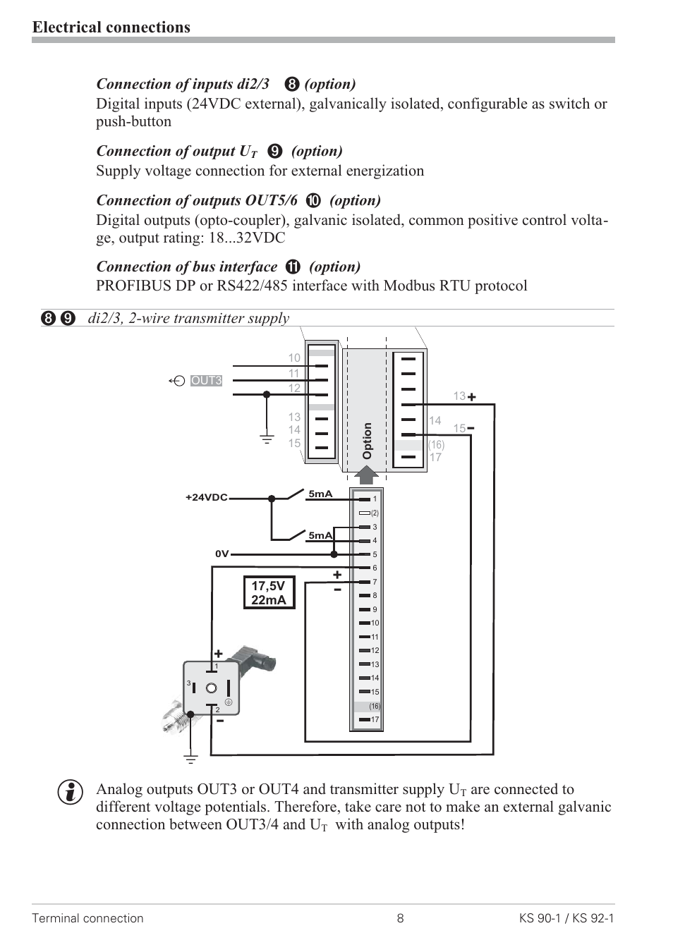 Di2/3, 2-wire transmitter supply 8, Electrical connections, With analog outputs | West Control Solutions KS 92-1 User Manual | Page 8 / 84