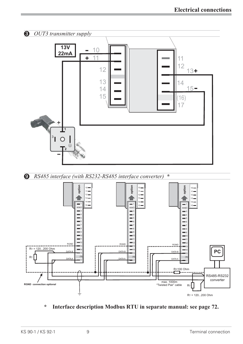 Out3 transmitter supply 9, Rs485 interface 9, Electrical connections | 3 out3 transmitter supply, 13v 22ma | West Control Solutions KS 92-1 User Manual | Page 9 / 84