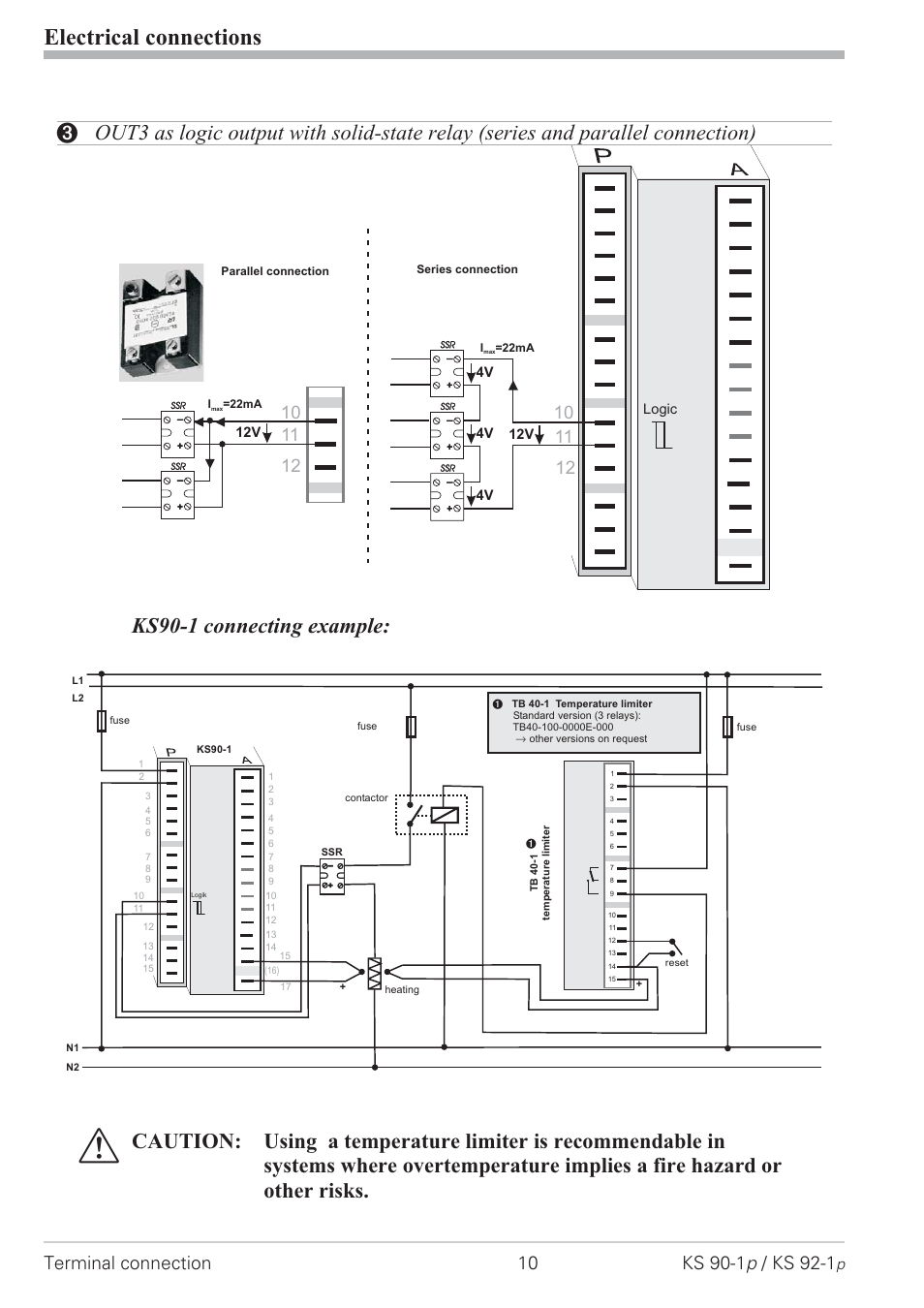 Out3 as logic output 10, Electrical connections, Ks90-1 connecting example | West Control Solutions KS 92-1 Programmer manual User Manual | Page 10 / 84