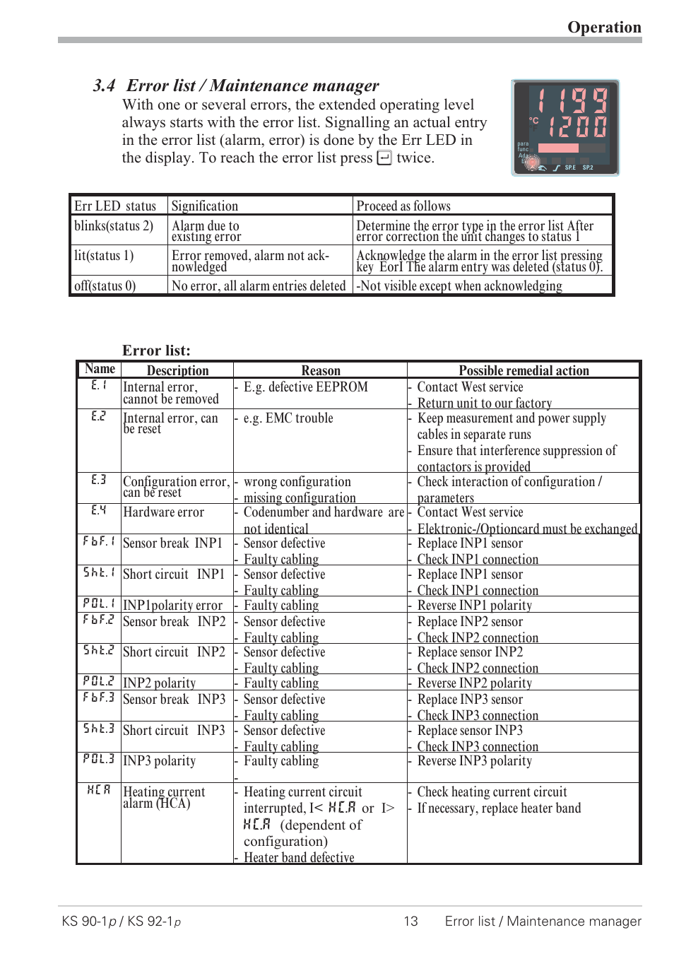 4 error list / maintenance manager 13, Error list 13, Maintenance manager 13 - 14 | 4 error list / maintenance manager, Operation | West Control Solutions KS 92-1 Programmer manual User Manual | Page 13 / 84