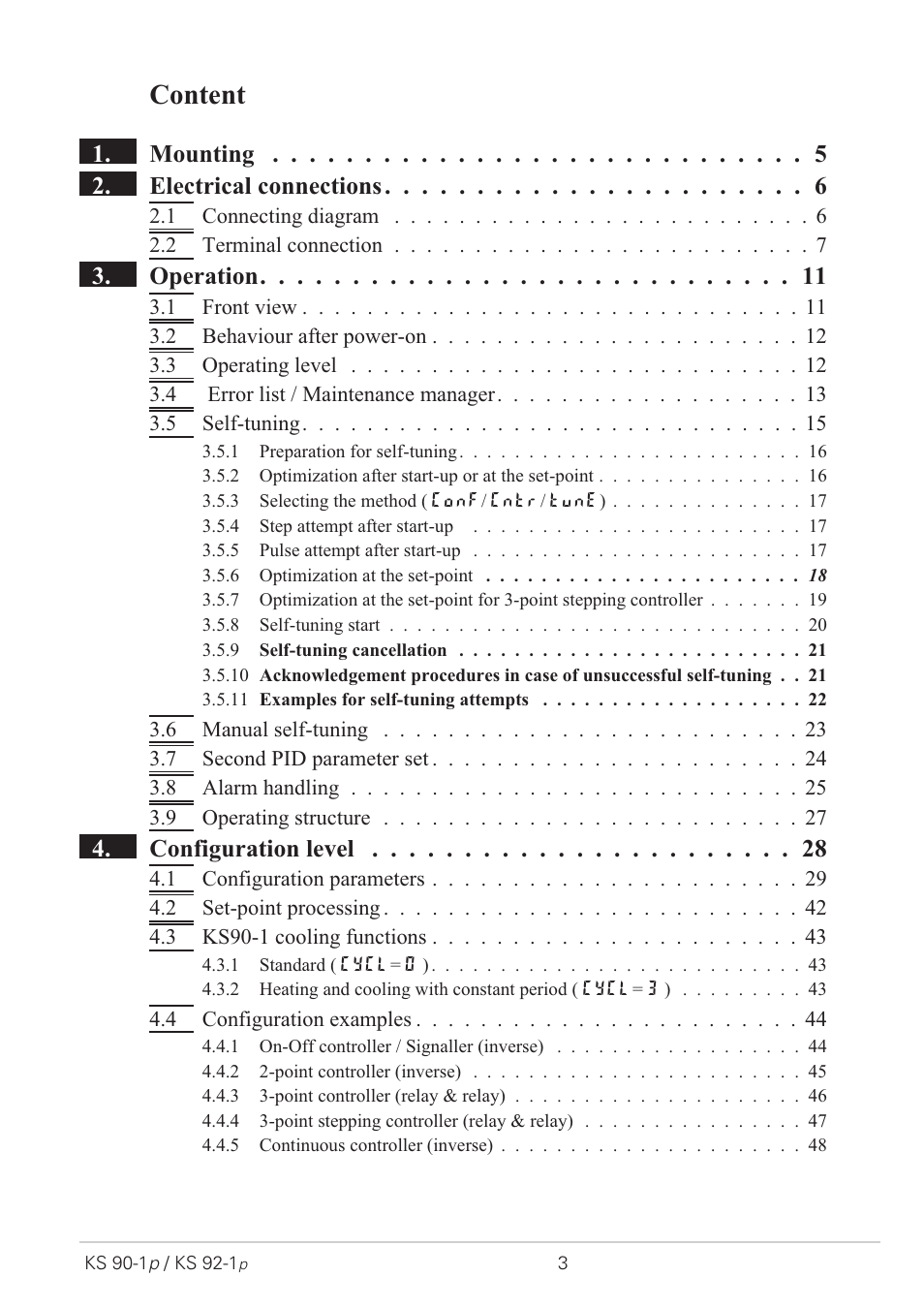 Content, Mounting 2. electrical connections, Operation | Configuration level | West Control Solutions KS 92-1 Programmer manual User Manual | Page 3 / 84
