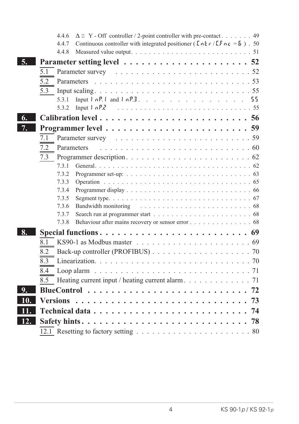 Parameter setting level, Calibration level 7. programmer level, Special functions | West Control Solutions KS 92-1 Programmer manual User Manual | Page 4 / 84