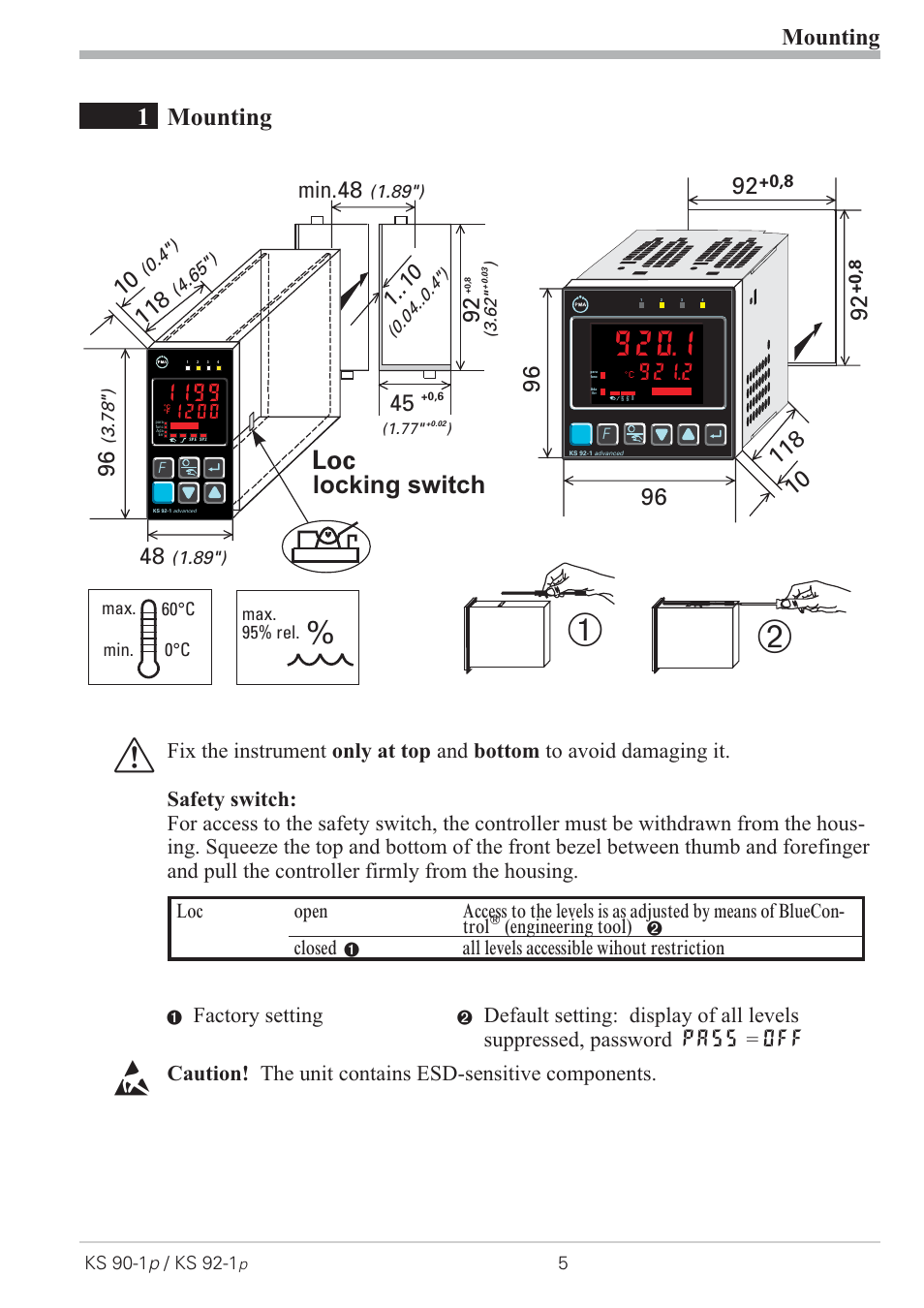 Mounting 5, Safety switch 5, 1mounting | Locking switch, Mounting, Min.48, Factory setting, Engineering tool), Closed, All levels accessible wihout restriction | West Control Solutions KS 92-1 Programmer manual User Manual | Page 5 / 84