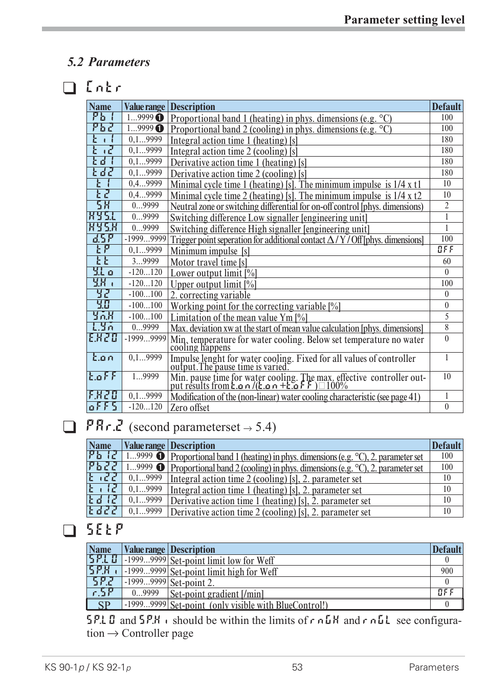 2 parameters 53, Parameters 53 - 54, Cntr | Par.2, Setp, 2 parameters, Second parameterset, Parameter setting level | West Control Solutions KS 92-1 Programmer manual User Manual | Page 53 / 84