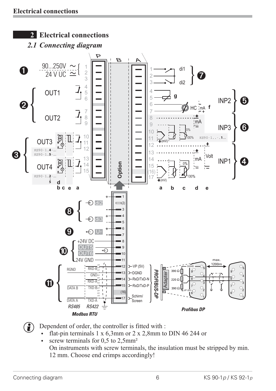 Electrical connections 6, 1 connecting diagram 6, Connecting diagram 6 | 2electrical connections 2.1 connecting diagram, Electrical connections, Inp2 inp3 inp1 | West Control Solutions KS 92-1 Programmer manual User Manual | Page 6 / 84