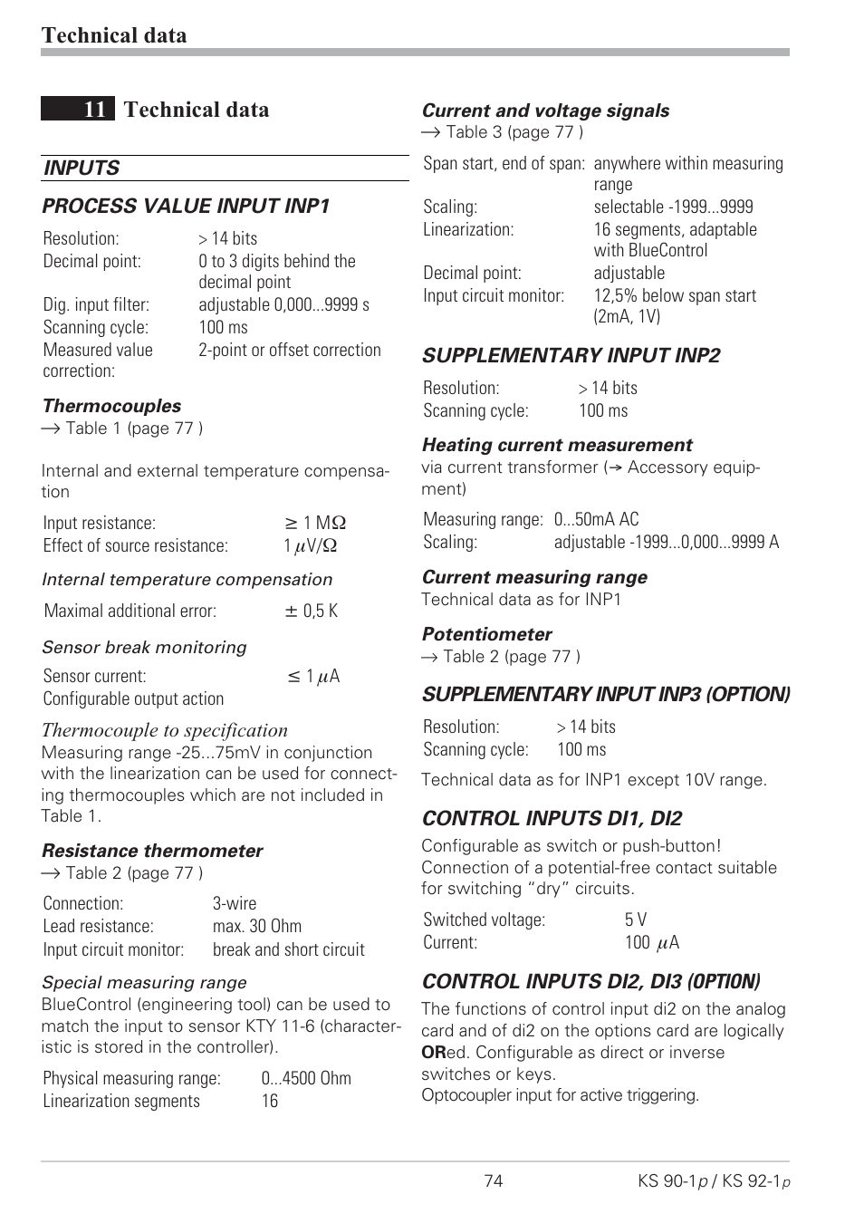 Technical data 74, Current signal measuring range 74, Resistance thermometer measuring range 74 | Thermocouple measuring range 74, Voltage signal measuring range 74, 11 technical data, Technical data | West Control Solutions KS 92-1 Programmer manual User Manual | Page 74 / 84