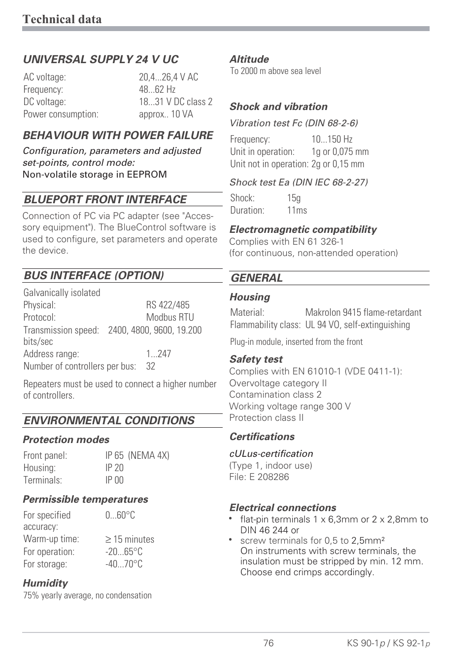 Technical data 76, Certifications 76, Environmental conditions 76 | Safety test 76, Technical data | West Control Solutions KS 92-1 Programmer manual User Manual | Page 76 / 84