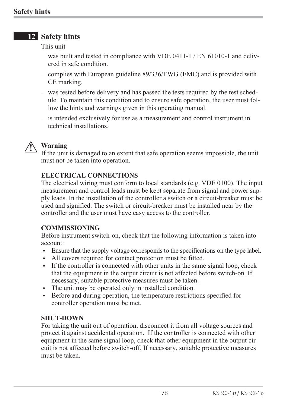 Safety hints 78, Safety hints 78 - 80, 12 safety hints | West Control Solutions KS 92-1 Programmer manual User Manual | Page 78 / 84