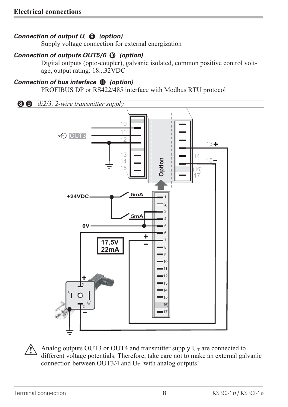 Di2/3, 2-wire transmitter supply 8, Electrical connections, With analog outputs | West Control Solutions KS 92-1 Programmer manual User Manual | Page 8 / 84