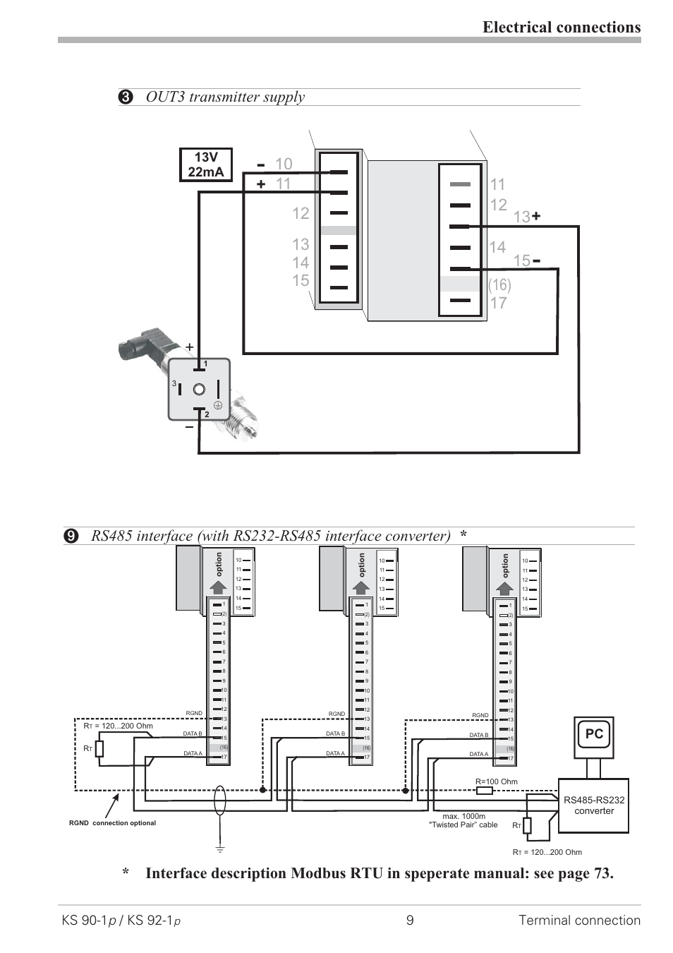 Out3 transmitter supply 9, Rs485 interface 9, Electrical connections | 9terminal connection, 13v 22ma | West Control Solutions KS 92-1 Programmer manual User Manual | Page 9 / 84