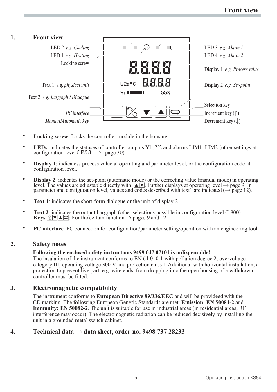 Front view 5, Safety notes 5, Electromagnetic compatibility 5 | Front view | West Control Solutions KS 94 User Manual | Page 3 / 44