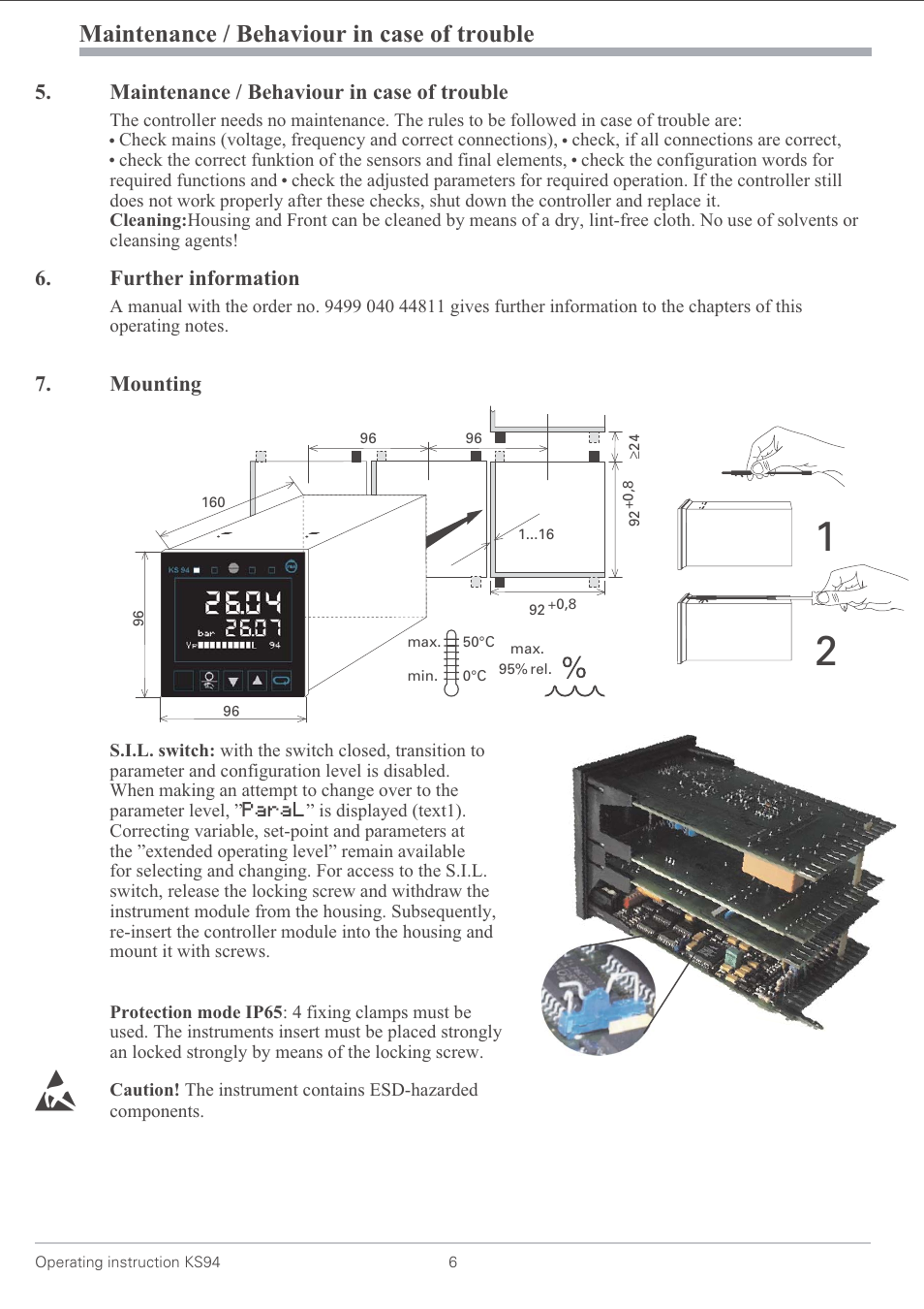 Maintenance / behaviour in case of trouble 6, Further information 6, Mounting 6 | Maintenance / behaviour in case of trouble | West Control Solutions KS 94 User Manual | Page 4 / 44